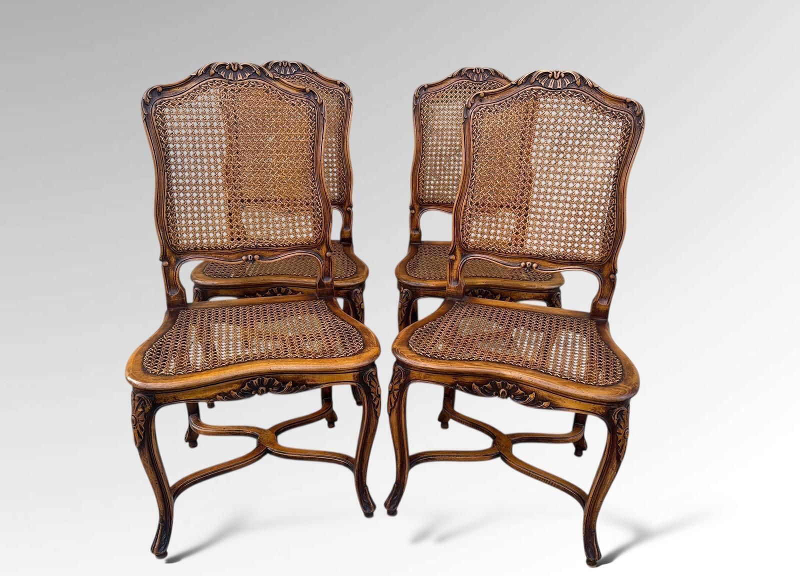 Original French Set Of Carved Louis Style Cane Dining Chairs