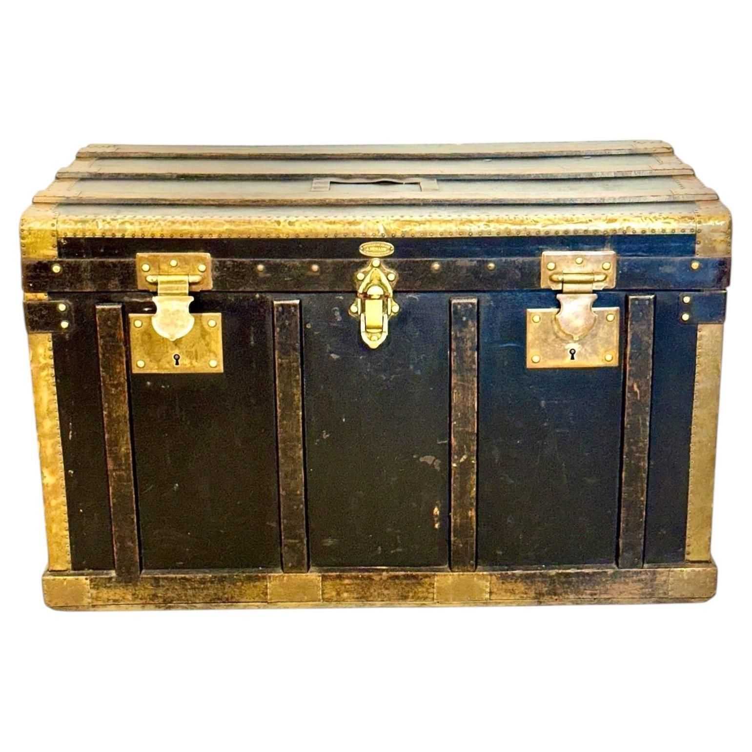 Black Canvas And Brass Flat Travel Trunk, Belle époque France Circa 1912