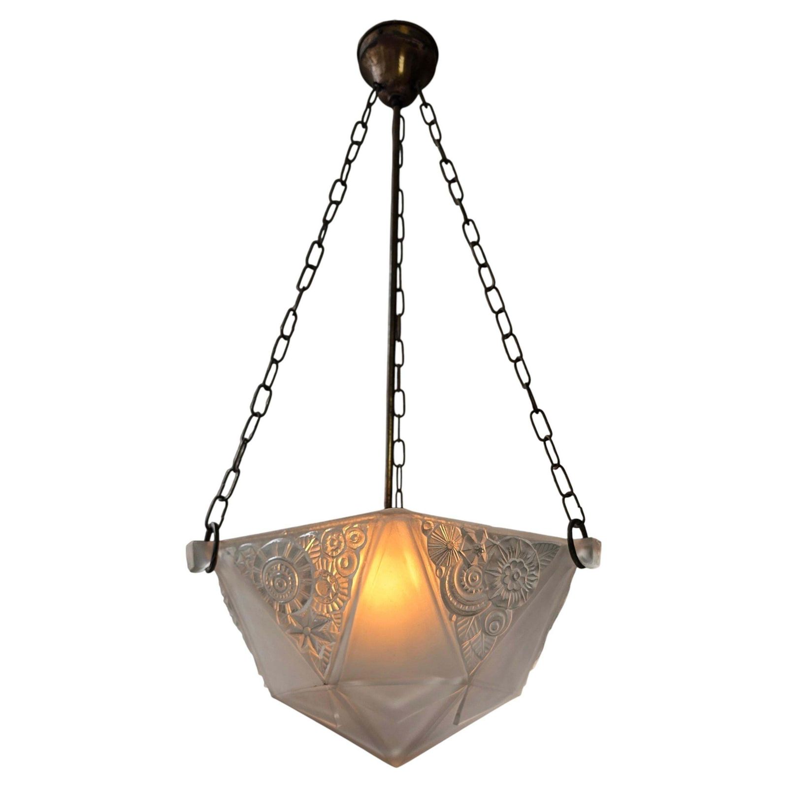 French Art Deco Geometric Pressed Glass Pendant Light, 5 Available
