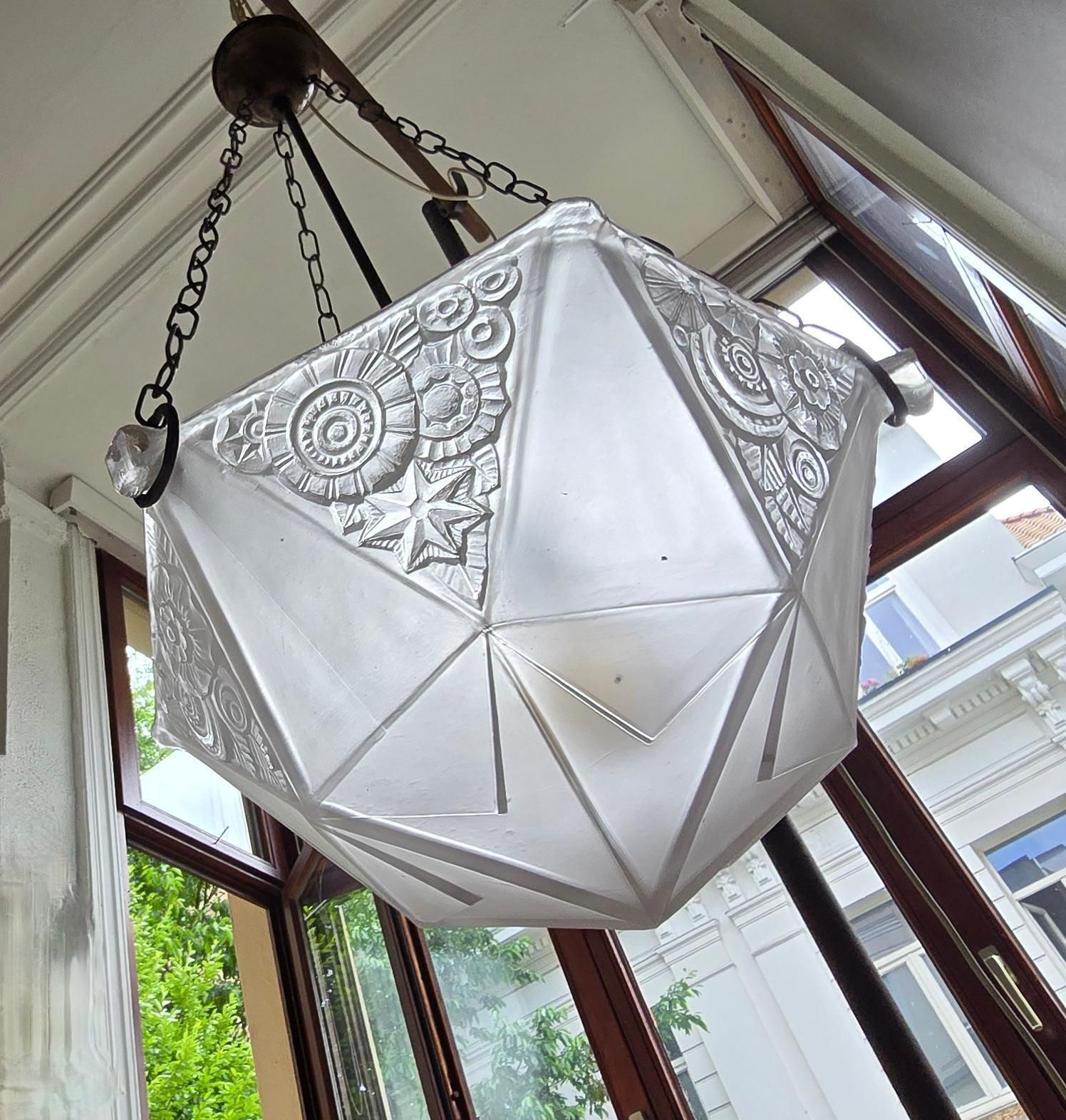 French Art Deco Geometric Pressed Glass Pendant Light, 5 Available photo 1737.0