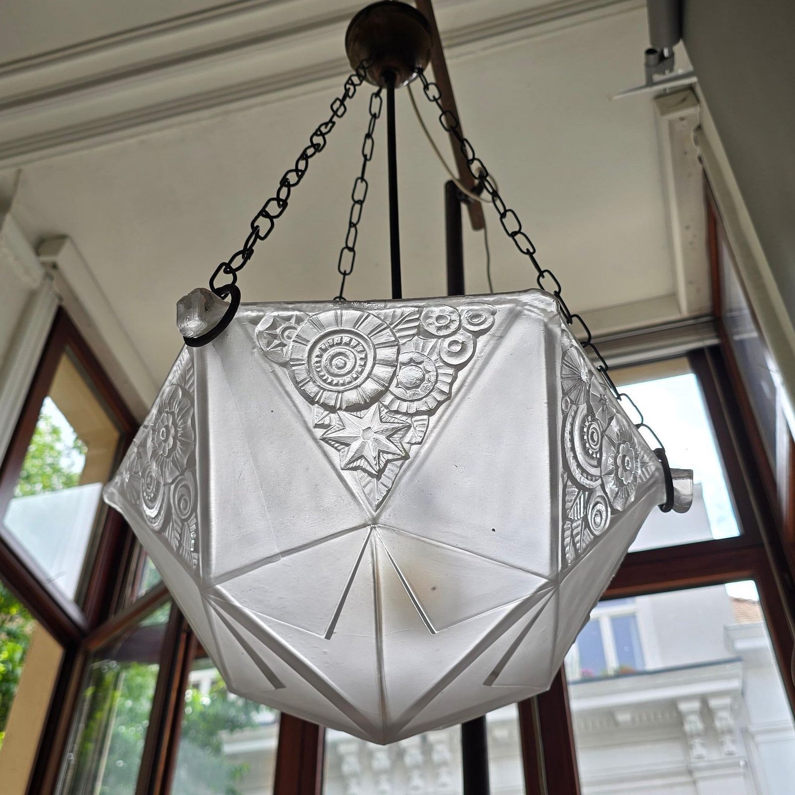 1737.0 French Art Deco Geometric Pressed Glass Pendant Light, 5 Available photo