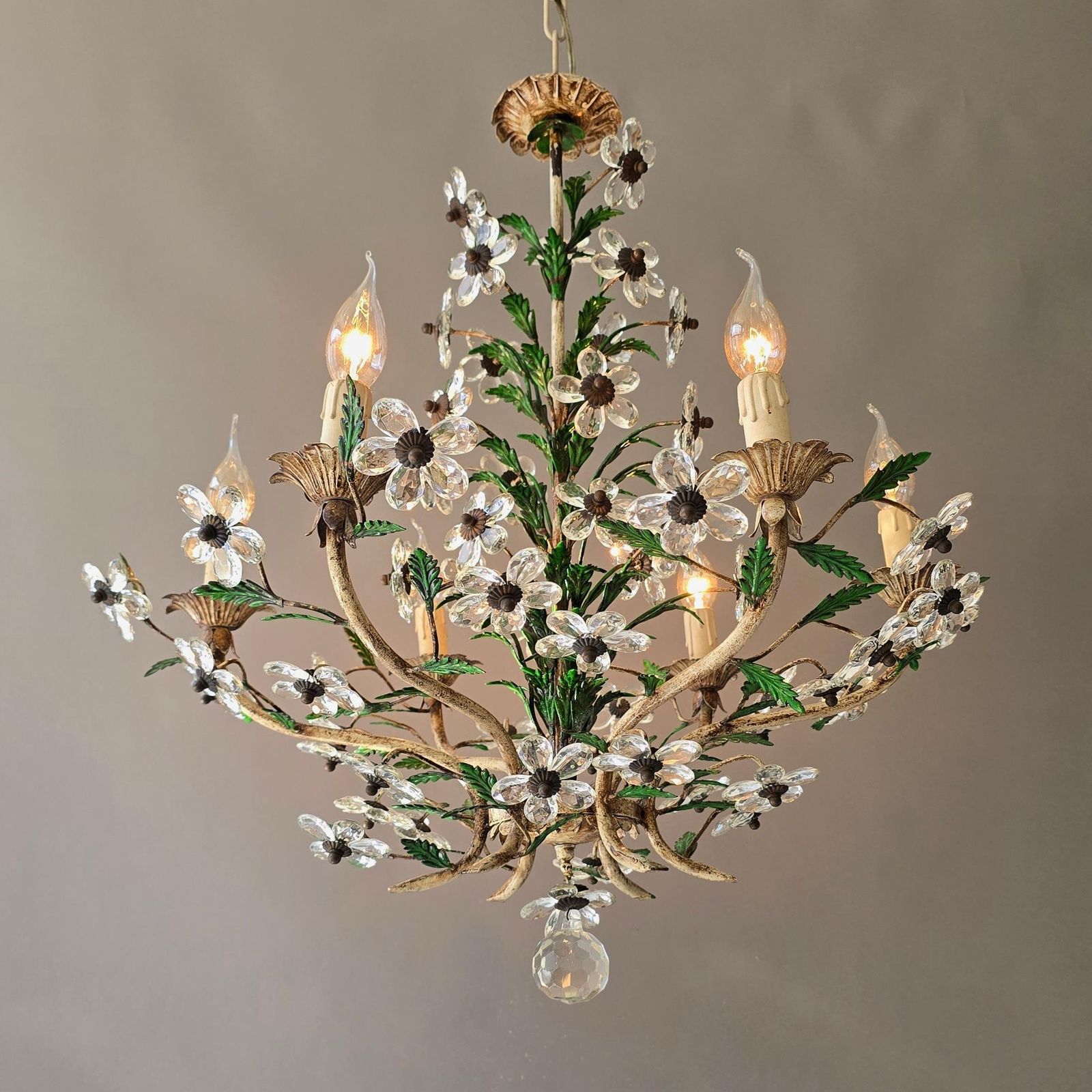 Italian Crystal Flower Chandelier With 58 Crystal Flowers, Six Lights, 1960s photo vintage
