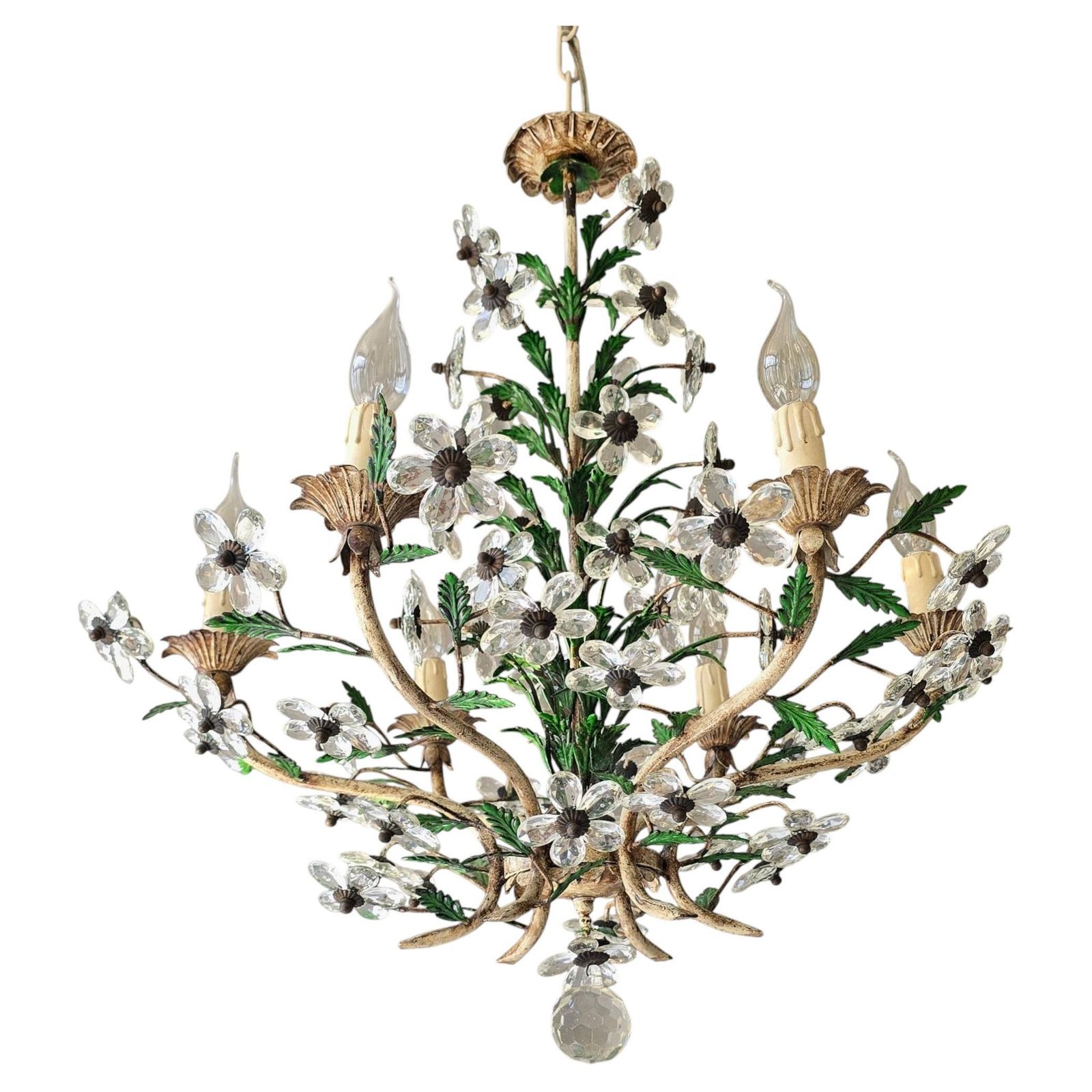 photo furniture Italian Crystal Flower Chandelier With 58 Crystal Flowers, Six Lights, 1960s