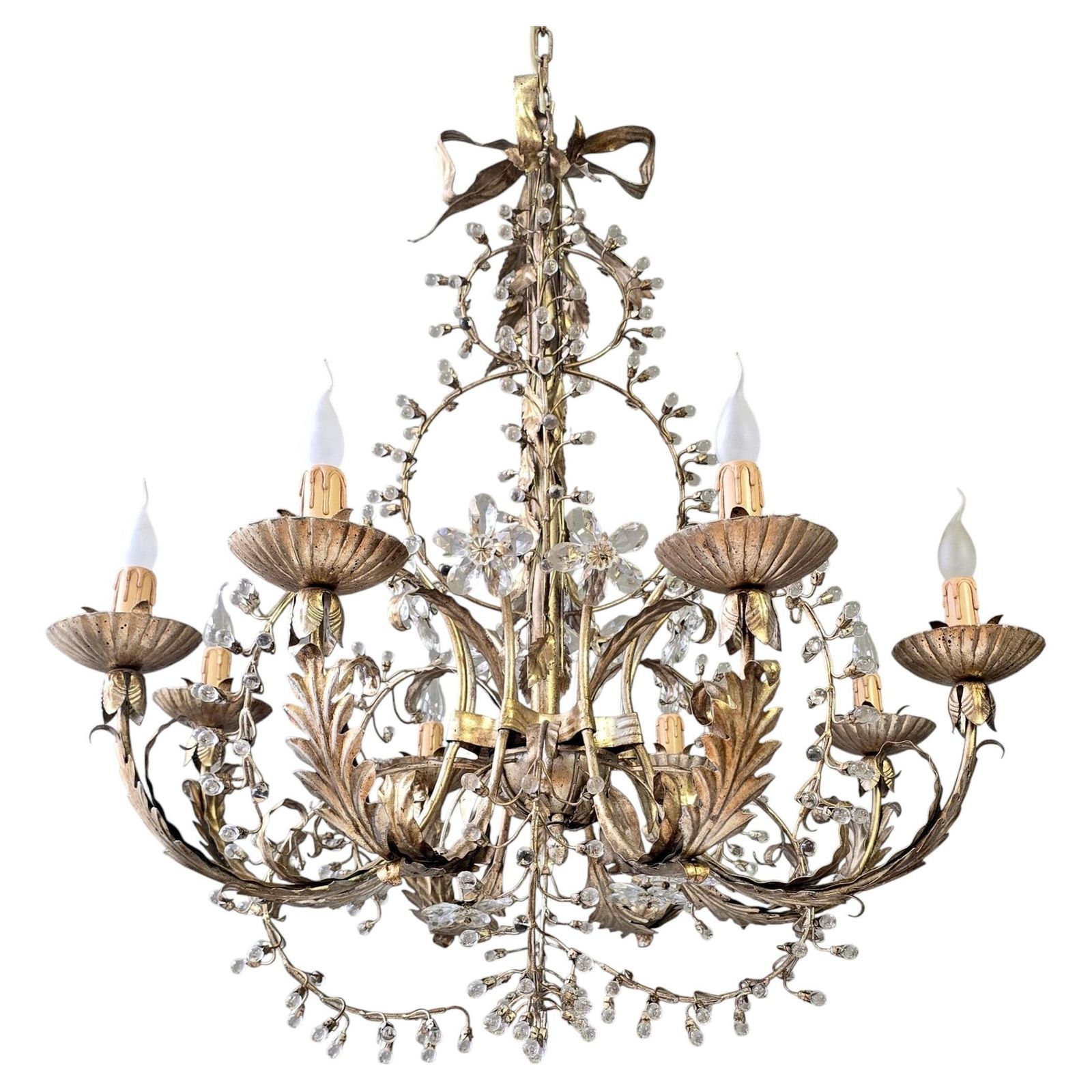Large Mechini Florence Gilt Iron And Crystal Floral Chandelier, Italy photo furniture