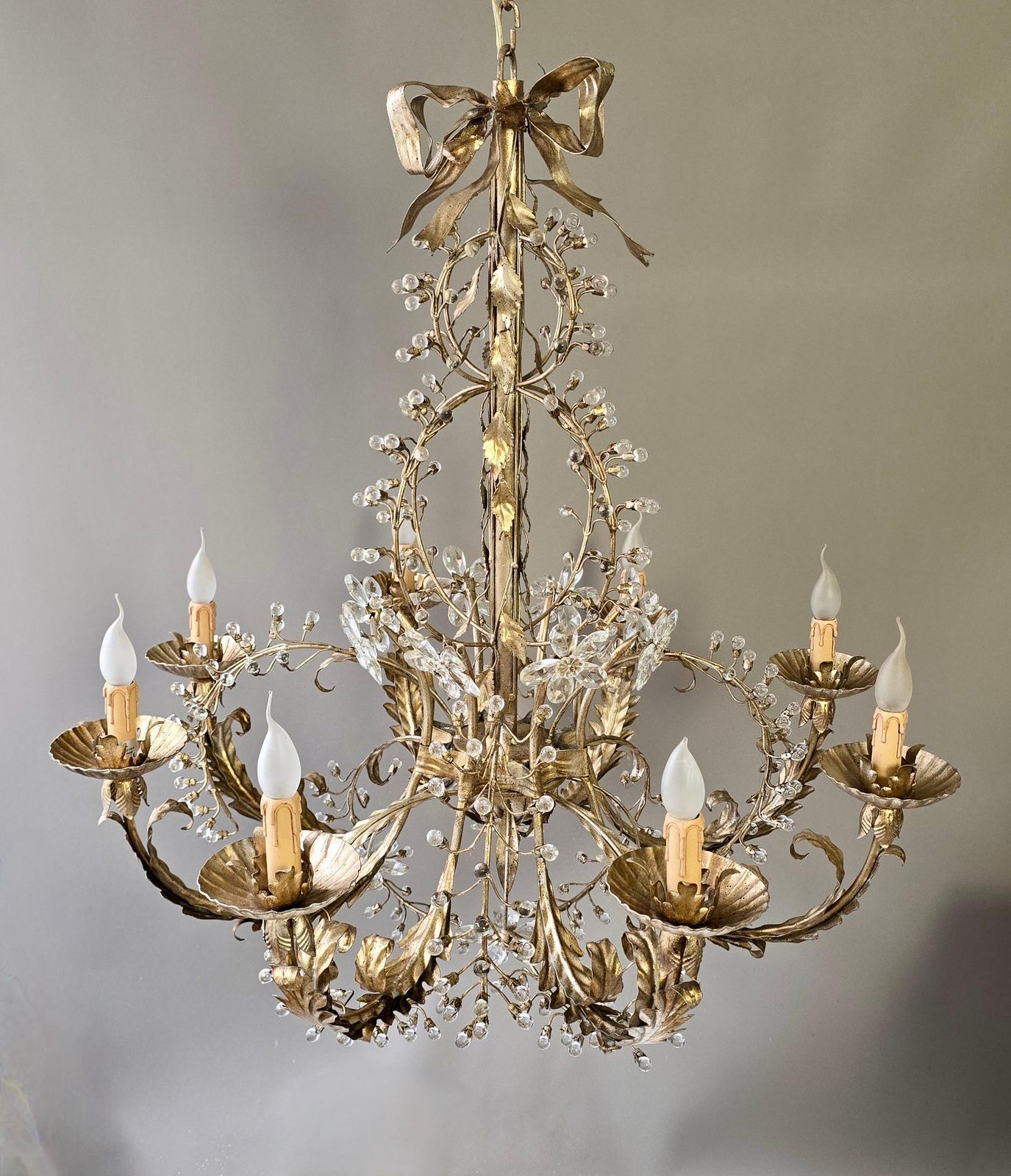 Large Mechini Florence Gilt Iron And Crystal Floral Chandelier, Italy photo vinterior