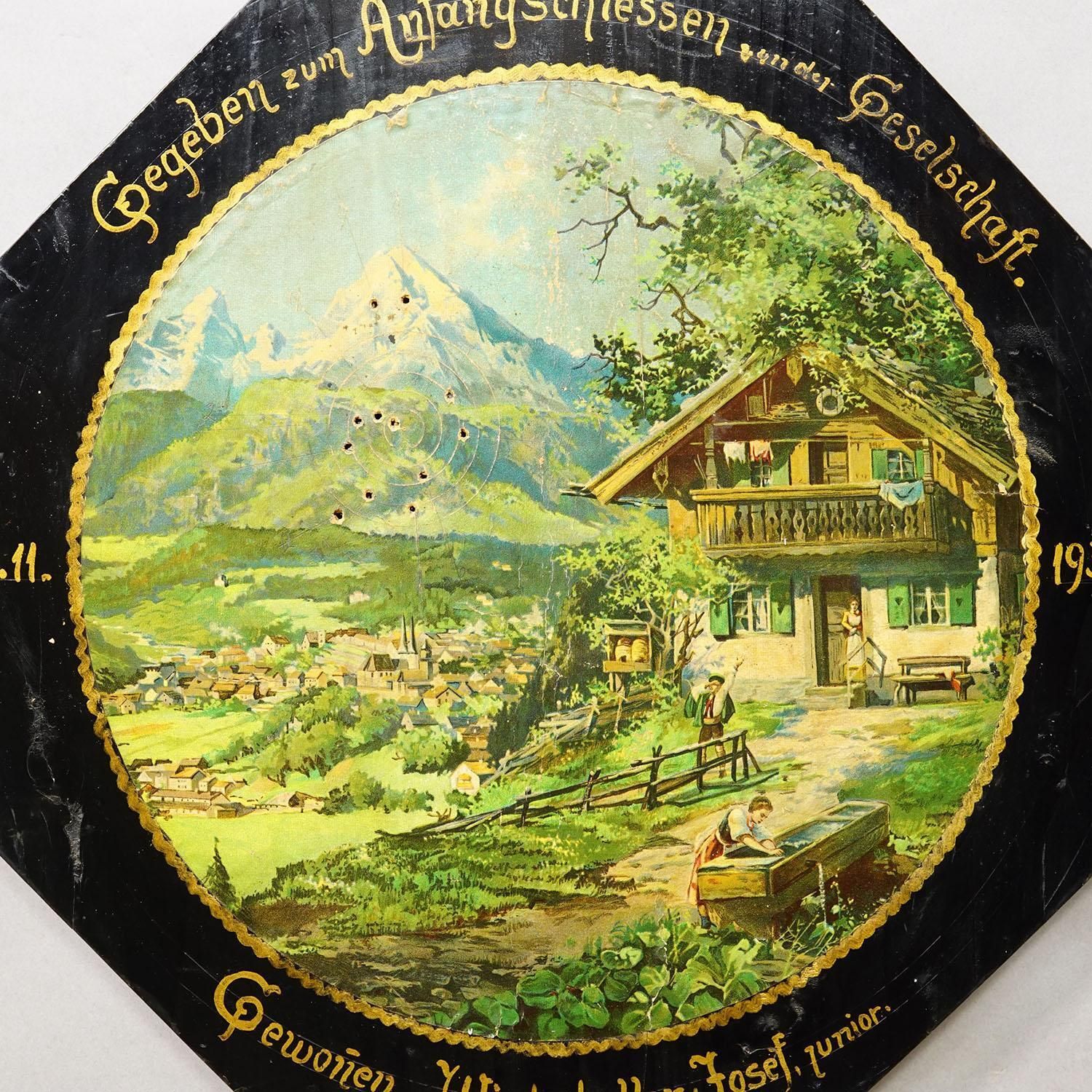 Antiek Ereschijf met Alpenlandschap en Chalet, Duitsland 1933 photo for sale