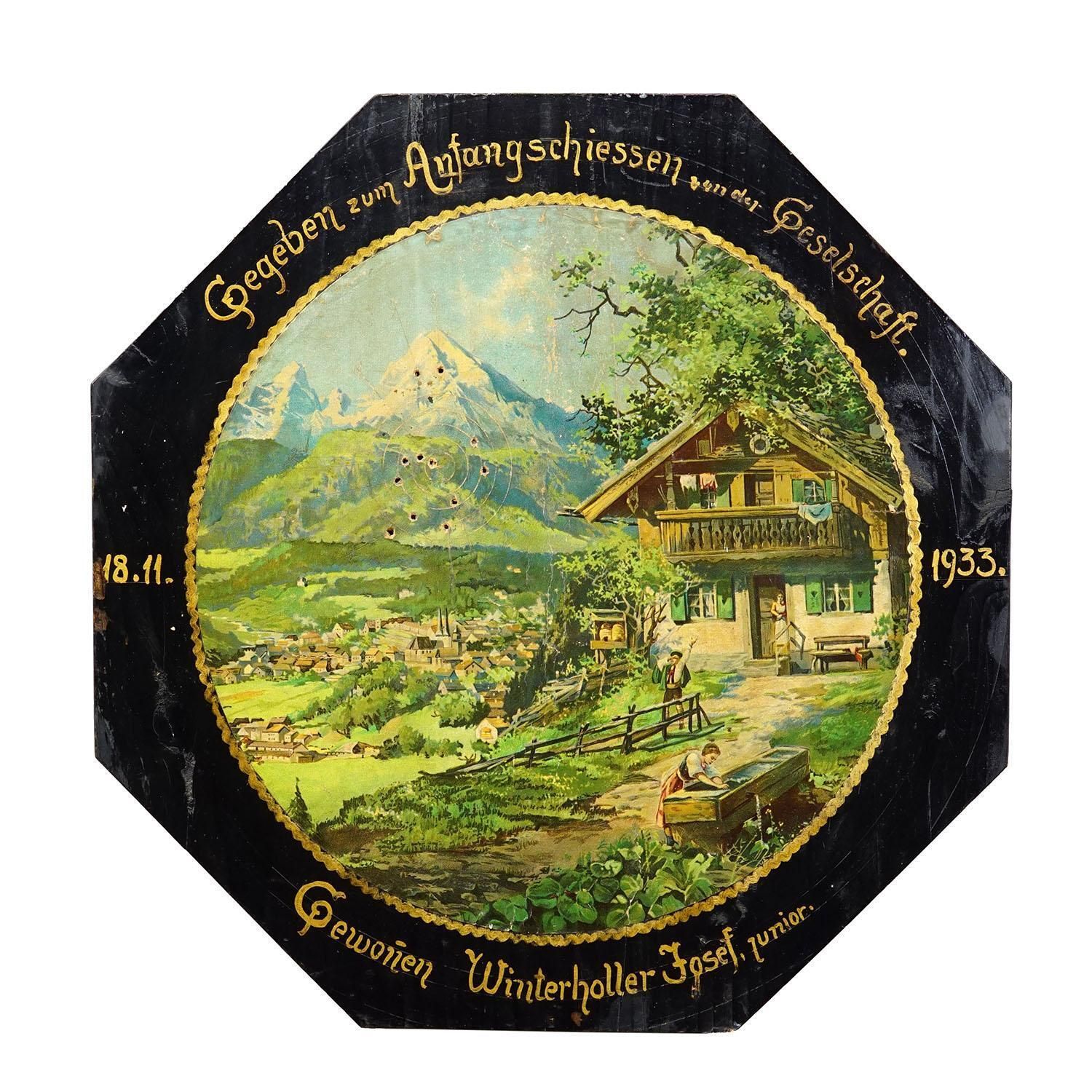 Antiek Ereschijf met Alpenlandschap en Chalet, Duitsland 1933 photo buy