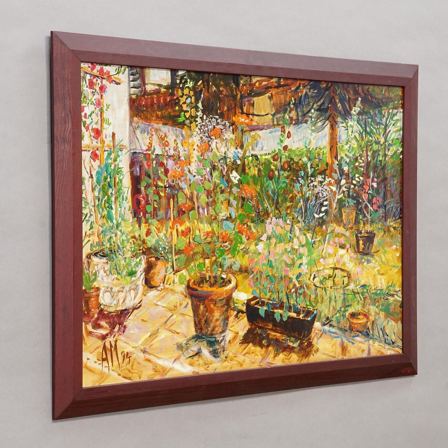 Terras met Geraniumspot, 1994 – Olieverfschilderij van Alexander Michael photo for sale