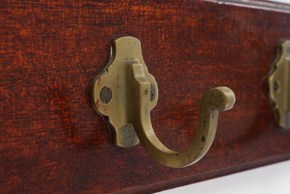 Art Nouveau Coat Rack In Brass And Oak, France, 1900s photo vintage