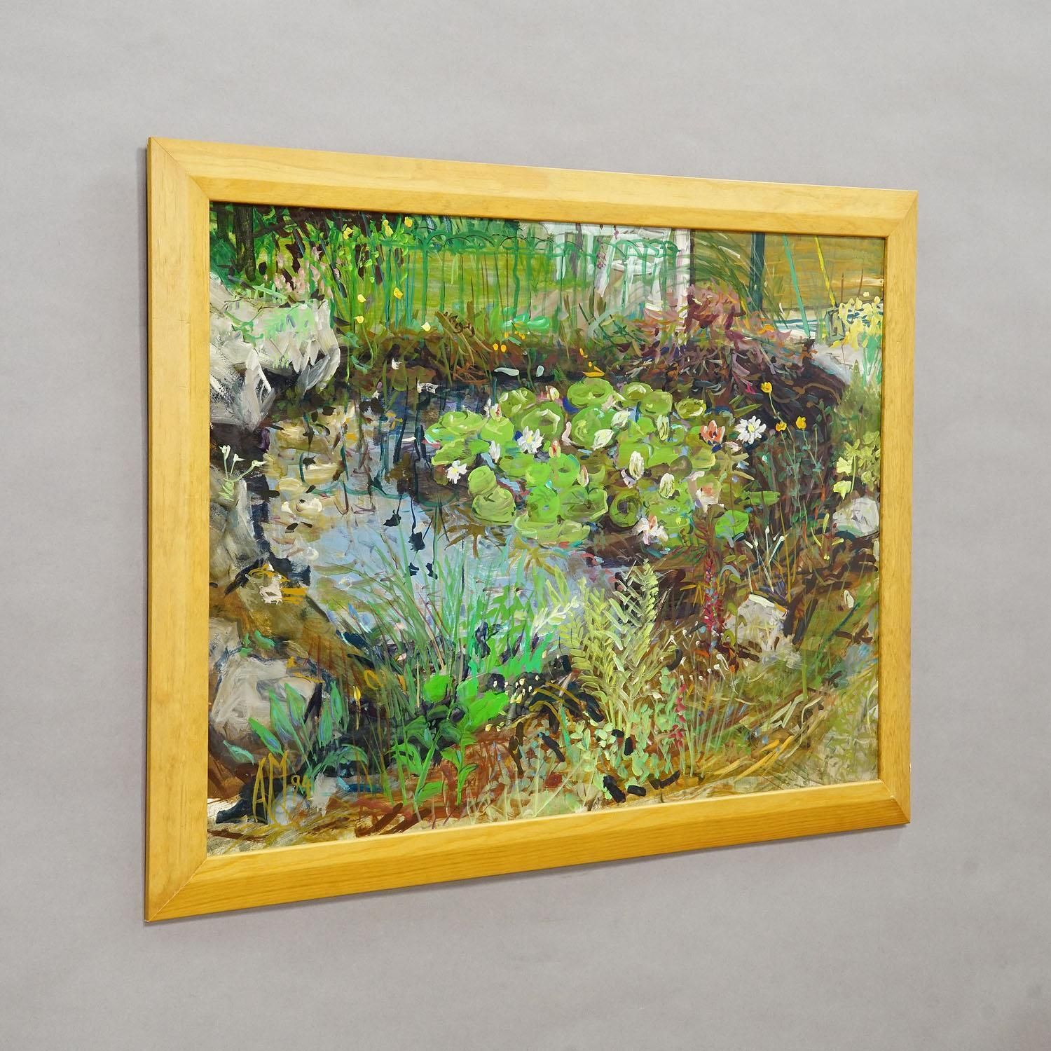 Garden Pond With Water Lilies And Rockery, 1994 – Oil Painting photo furniture