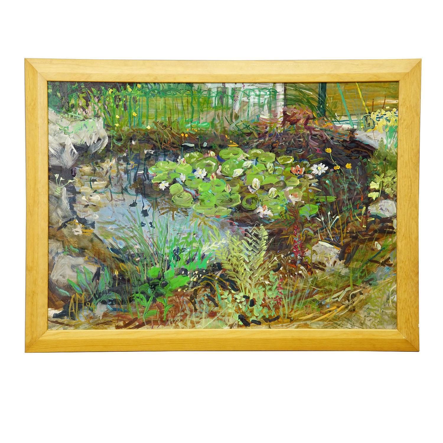 Garden Pond With Water Lilies And Rockery, 1994 – Oil Painting photo buy