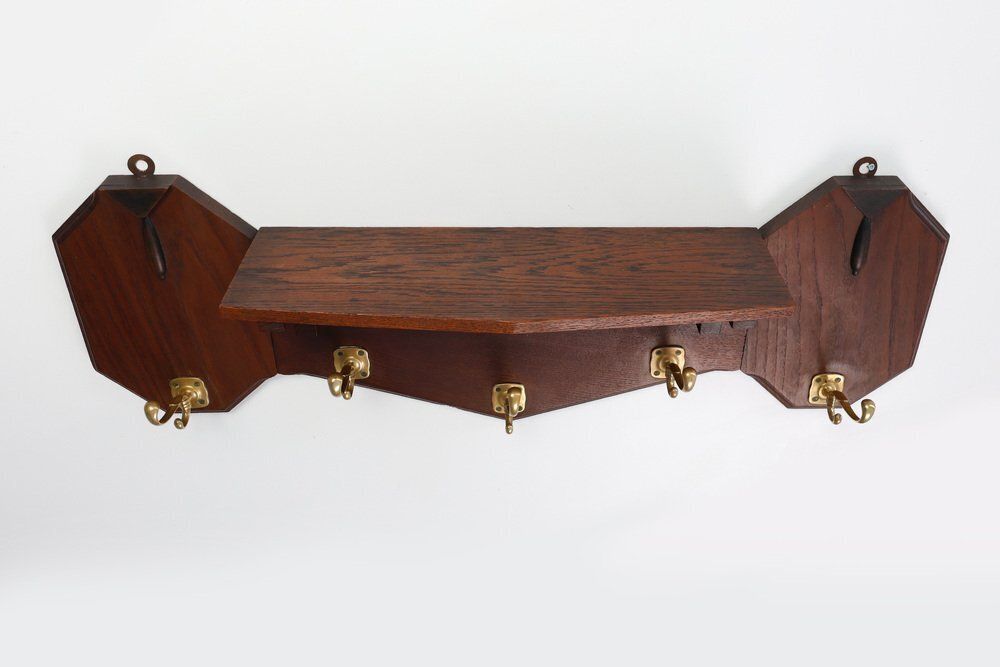 Art Deco Coat Rack In Oak And Copper, Belgium, 1920s photo vintage