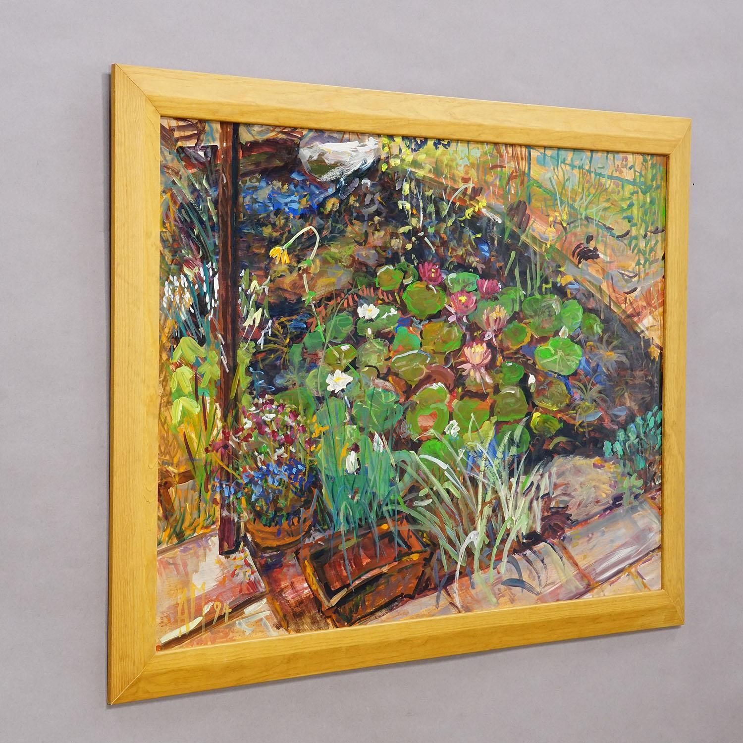 Tuinvijver met waterlelies, 1994 – Olieverfschilderij van Alexander Michael photo for sale