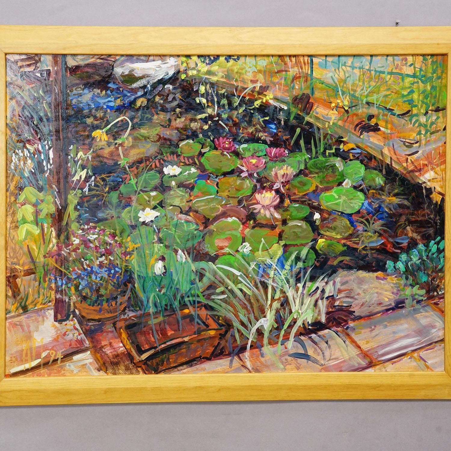 Garden Pond With Water Lilies, 1994 – Oil Painting By Alexander Michael photo Art