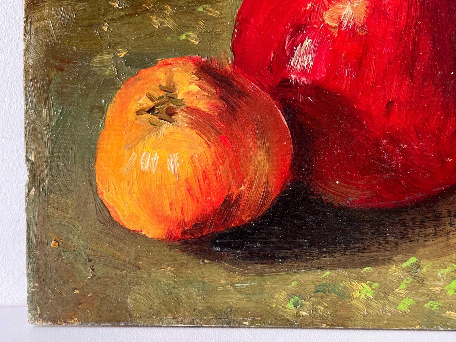 photo for sale Olieverfschilderij op karton, appels stilleven, 1959, Franse keukendecoratie