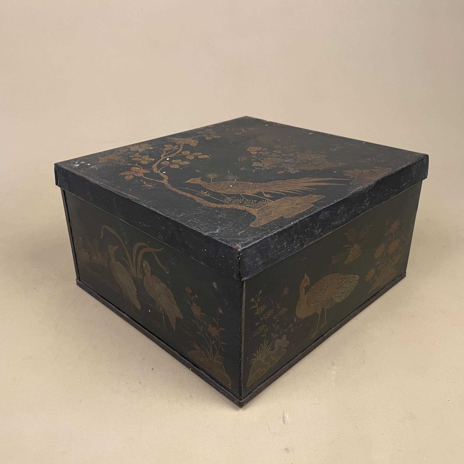Oriental Metal Tin Box Black Gold Bird Keepsake Storage Box Chinoiserie Style Decorative Home Accent Vintage photo for sale