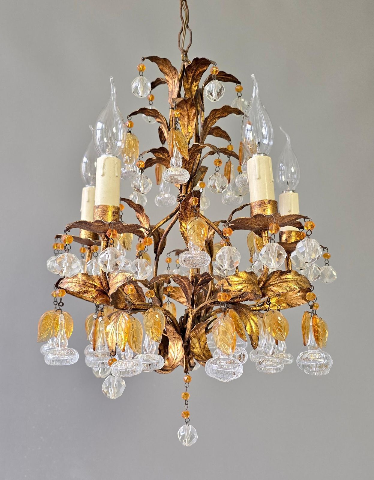 Italian Gilt Metal And Crystal Leaf Chandelier With Amber Glass Drops, 1970s photo for sale