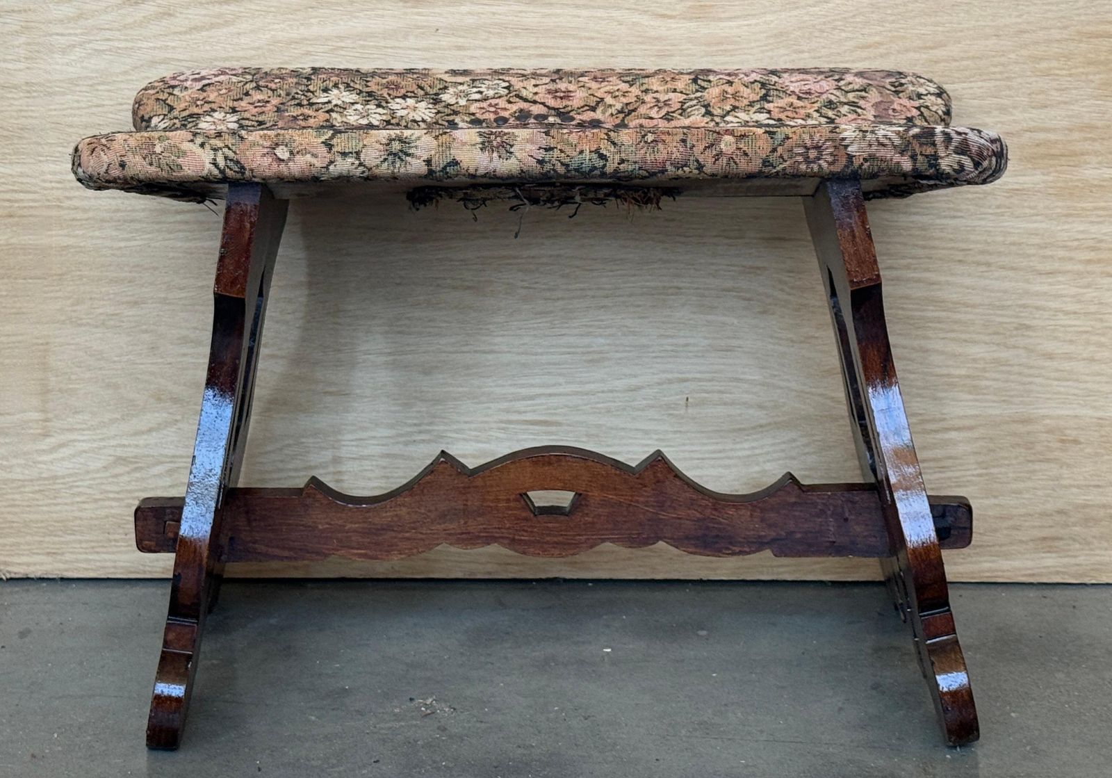 Rustic Spanish Carved Wood Upholstered Bench With Floral Fabric Seat photo for sale