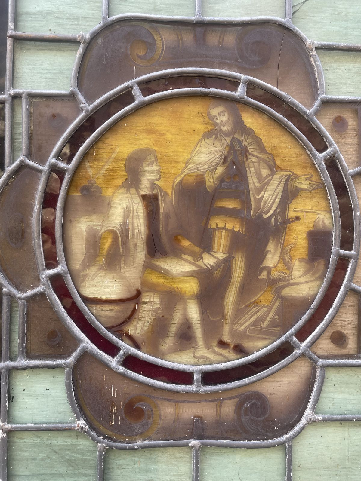 Beautiful Pair Victorian Hand Painted Stained Glass Windows Featuring Cultural Scenes photo Home Fixtures