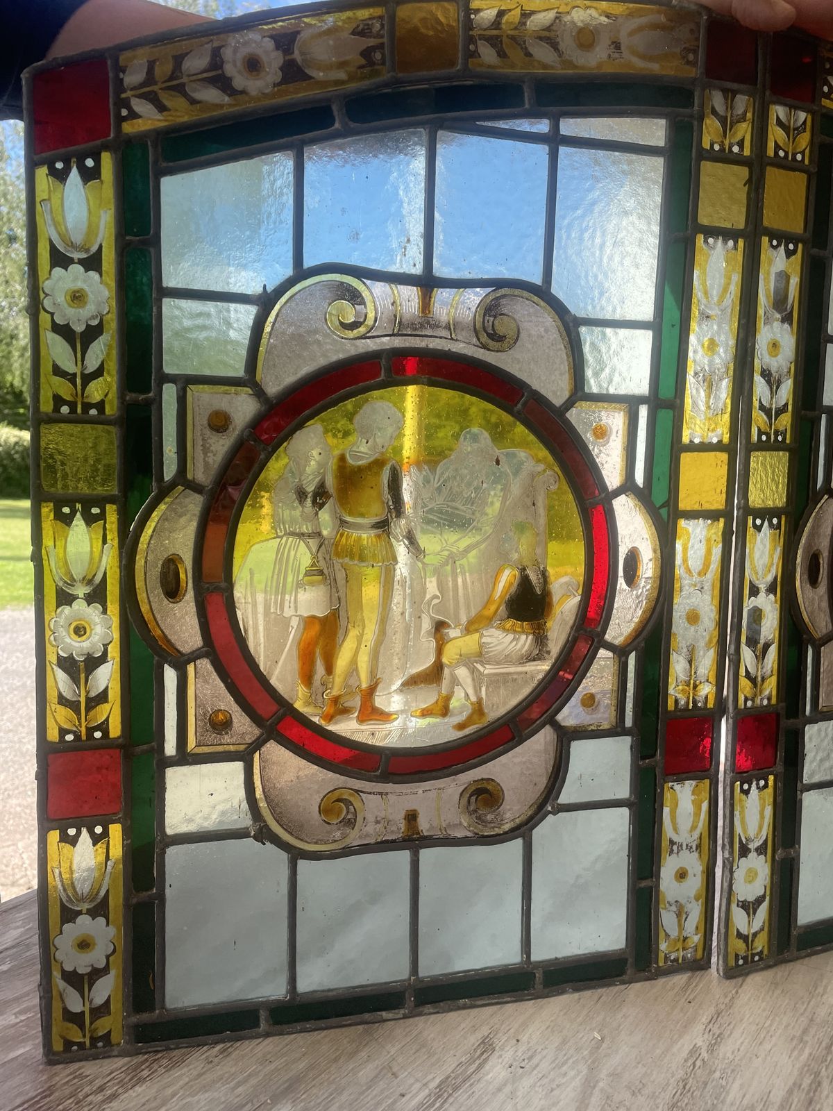 photo furniture Beautiful Pair Victorian Hand Painted Stained Glass Windows Featuring Cultural Scenes