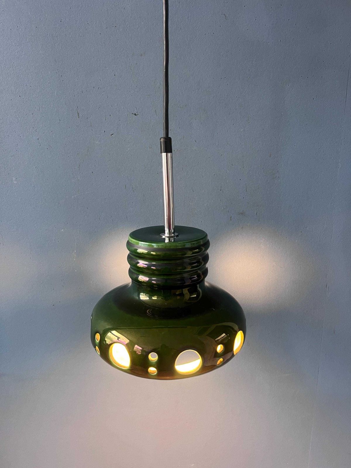 Mid Century Green Ceramic Pendant Light   West Germany Hanging Lamp photo for sale