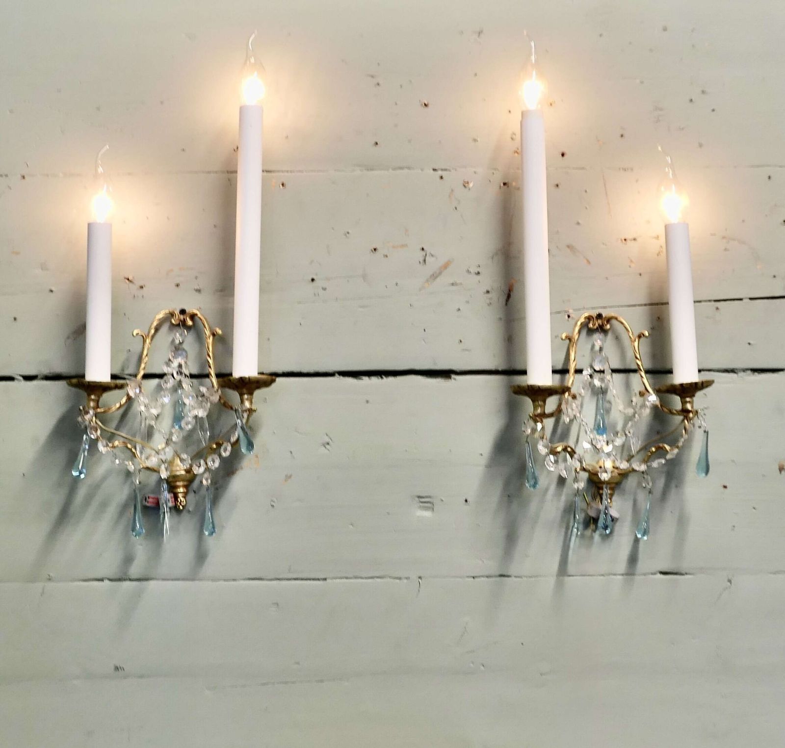 A Beautiful Pair Of Tall French Wall Chandeliers This Is A Superb Pair Of Tall 2 Sconce W photo for sale