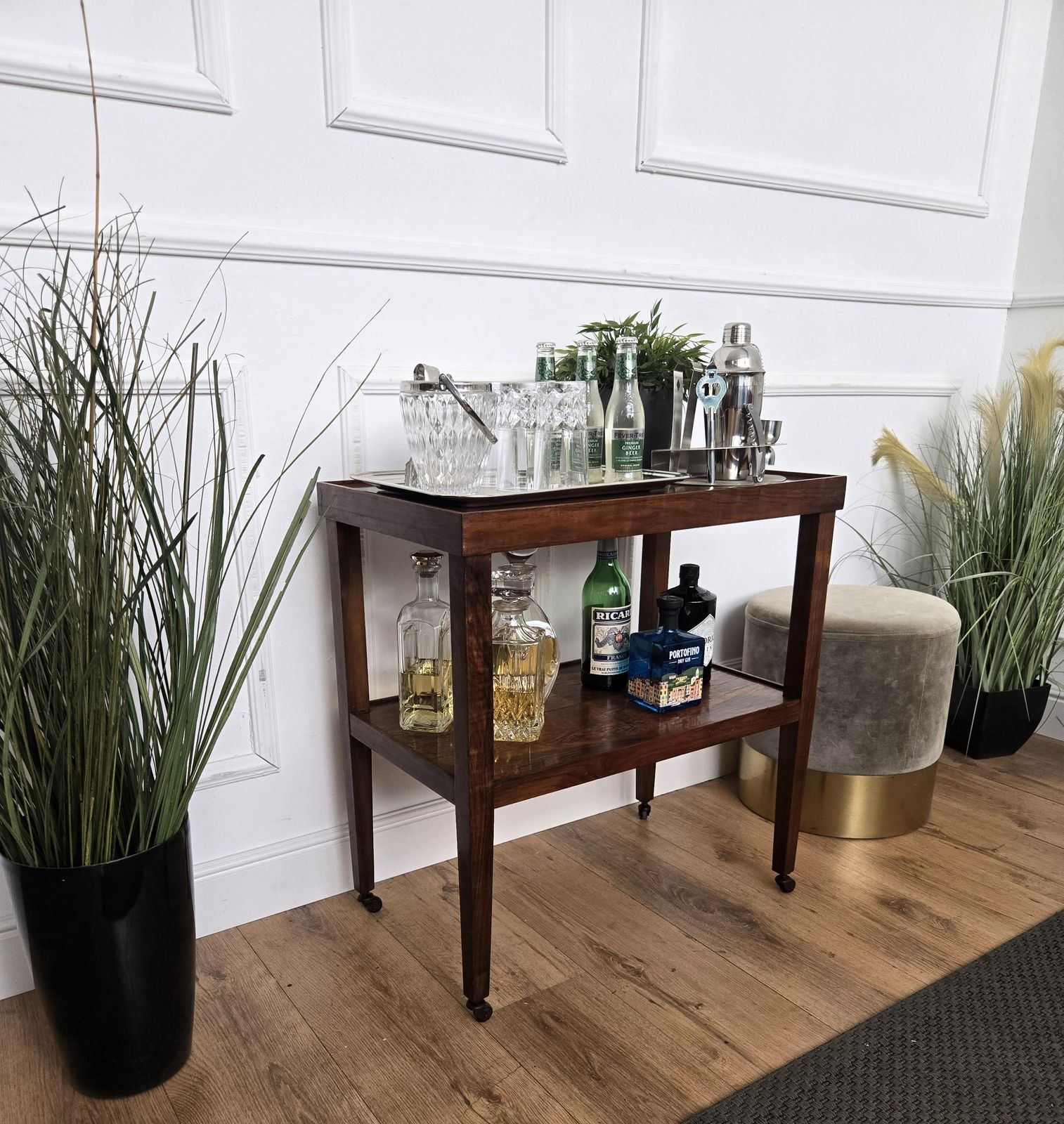 1950s Art Deco Mid Century Italian Burl Wood Brass Dry Bar Cabinet Liquor Cart photo for sale