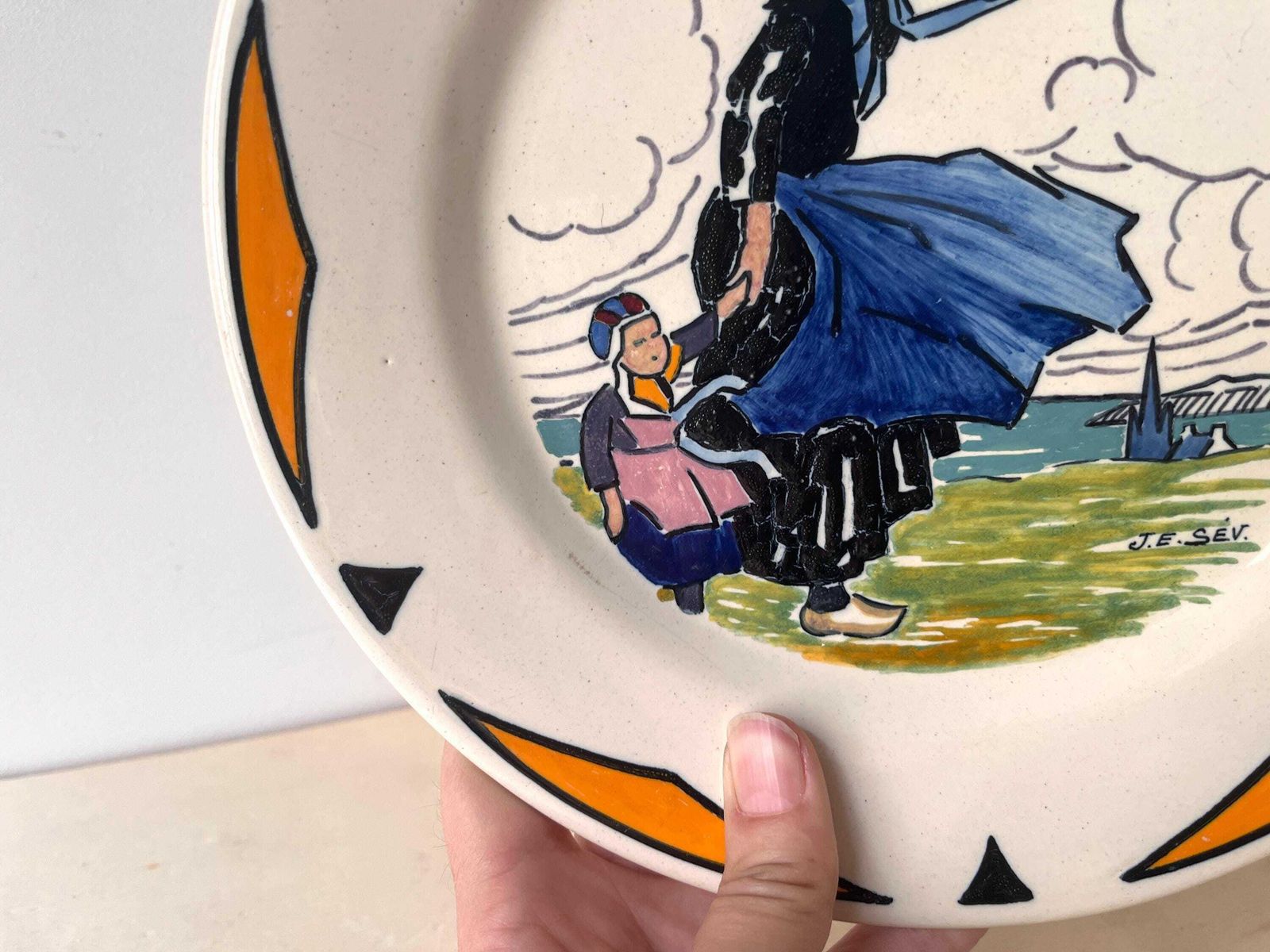 Antique Henriot Quimper Plate By Jim Eugène Sevellec, Brittany "Woman And Child" Pottery, Art Deco Dish photo vinterior