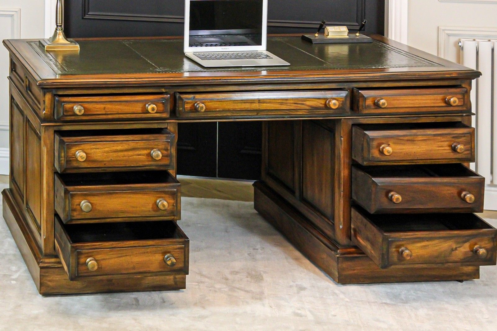 Large Antique Solid Mahogany Twin Pedestal Partners Leather Top Writing Desk photo buy