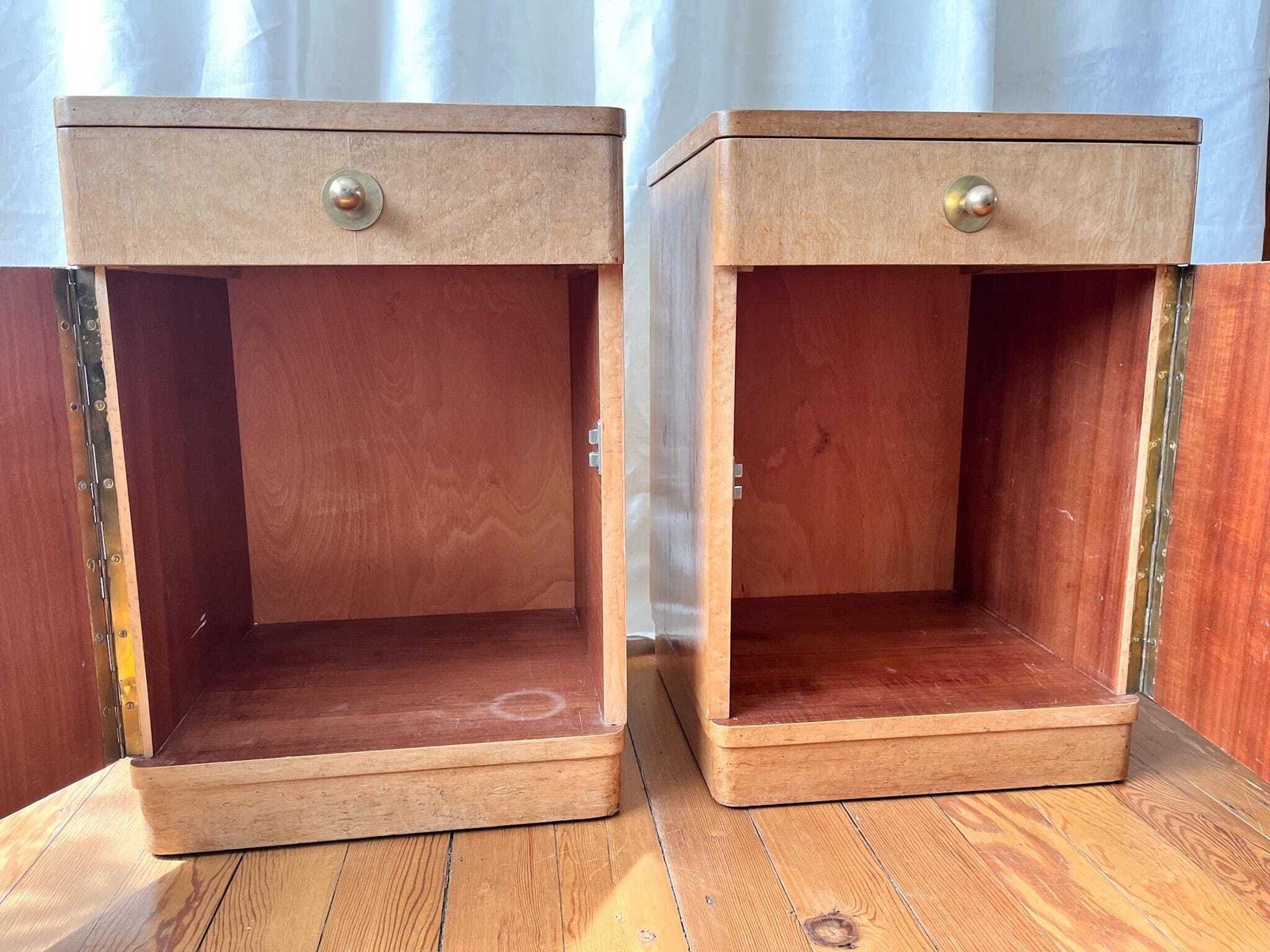 A Pair Of Art Deco Birds Eye Bedside Cabinets photo vintage