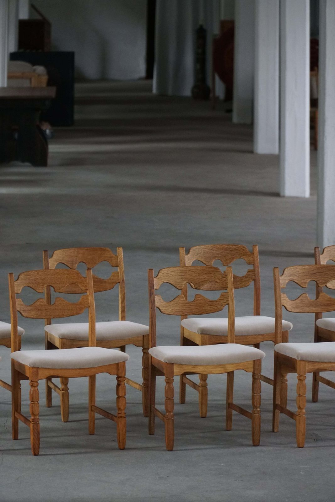 Set Of 8 Henning Kjærnulf Razorblade Dining Chairs In Oak And Mohair 1960s photo furniture