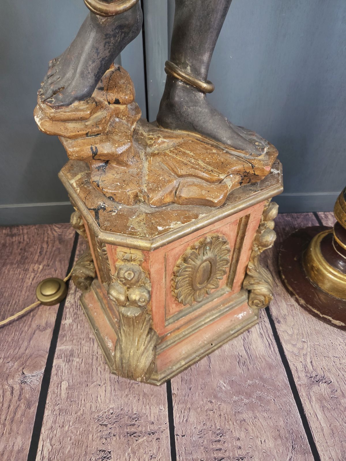 photo for sale Early 20th Century Venetian Revival Figure Torchère Lamp, Polychrome & Parcel Gilt