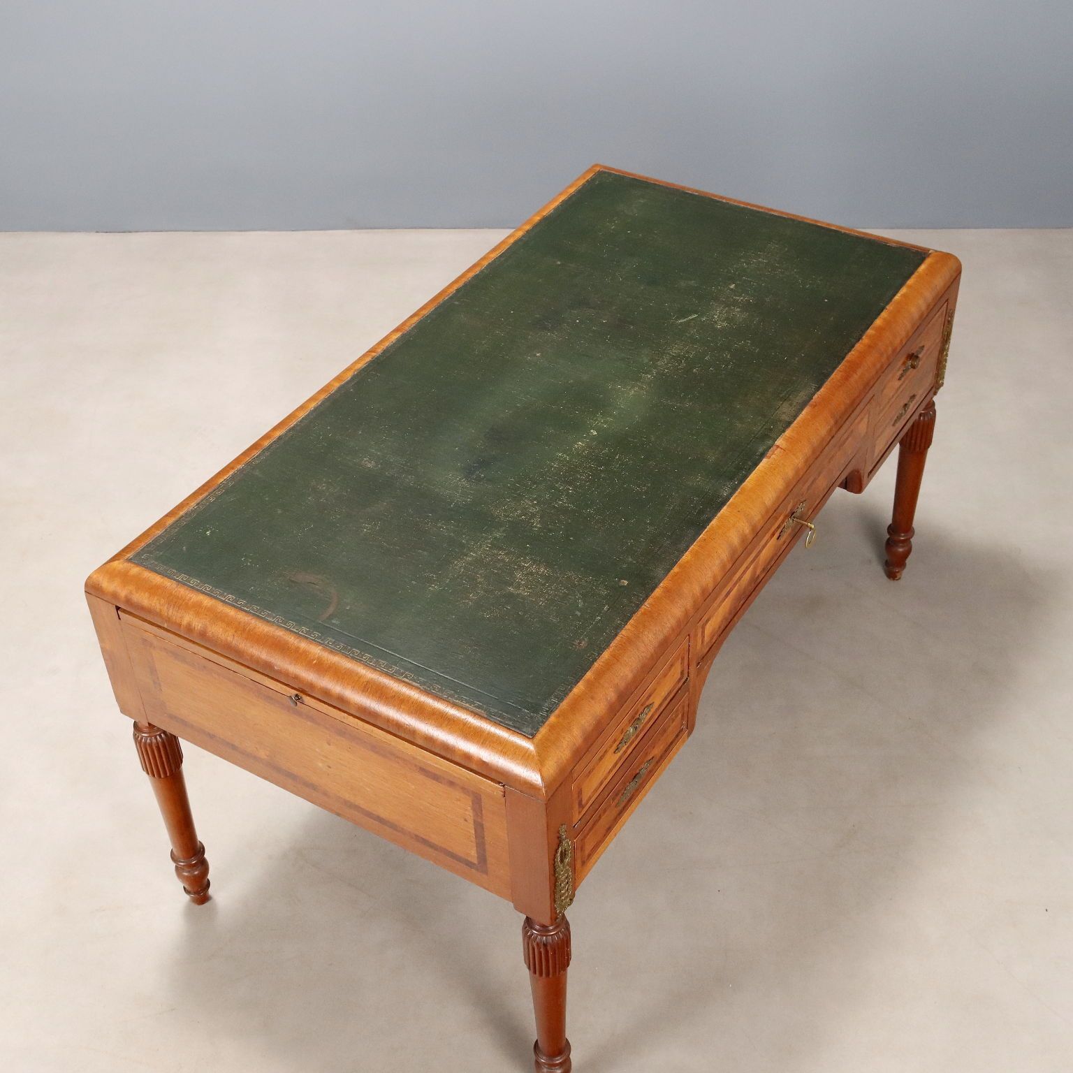 Furniture Antique Writing Desk Mahogany Burl Leather Italy XX Century photo