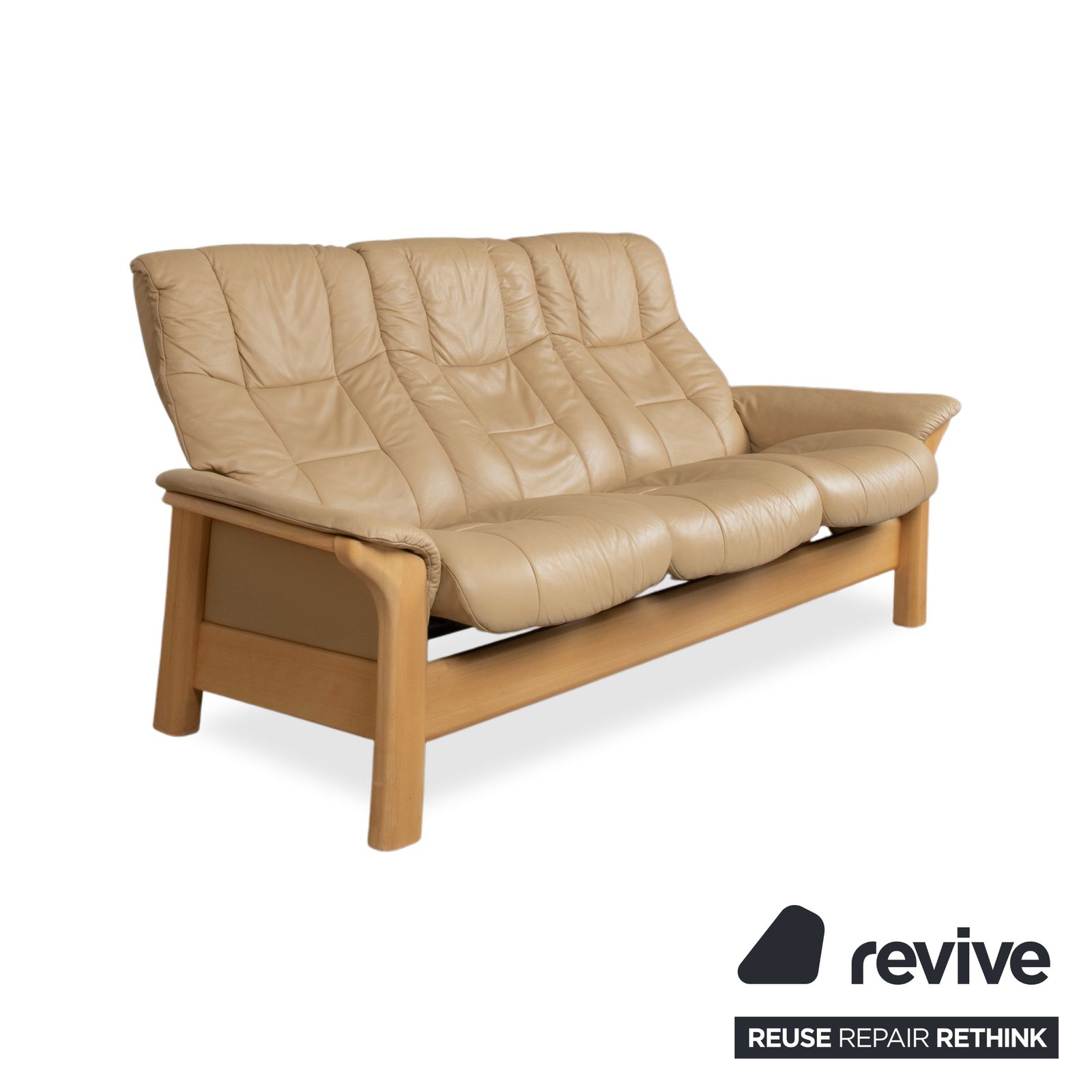 Canapé Stressless Windsor 3 places en cuir et bois, beige crème photo Mobilier