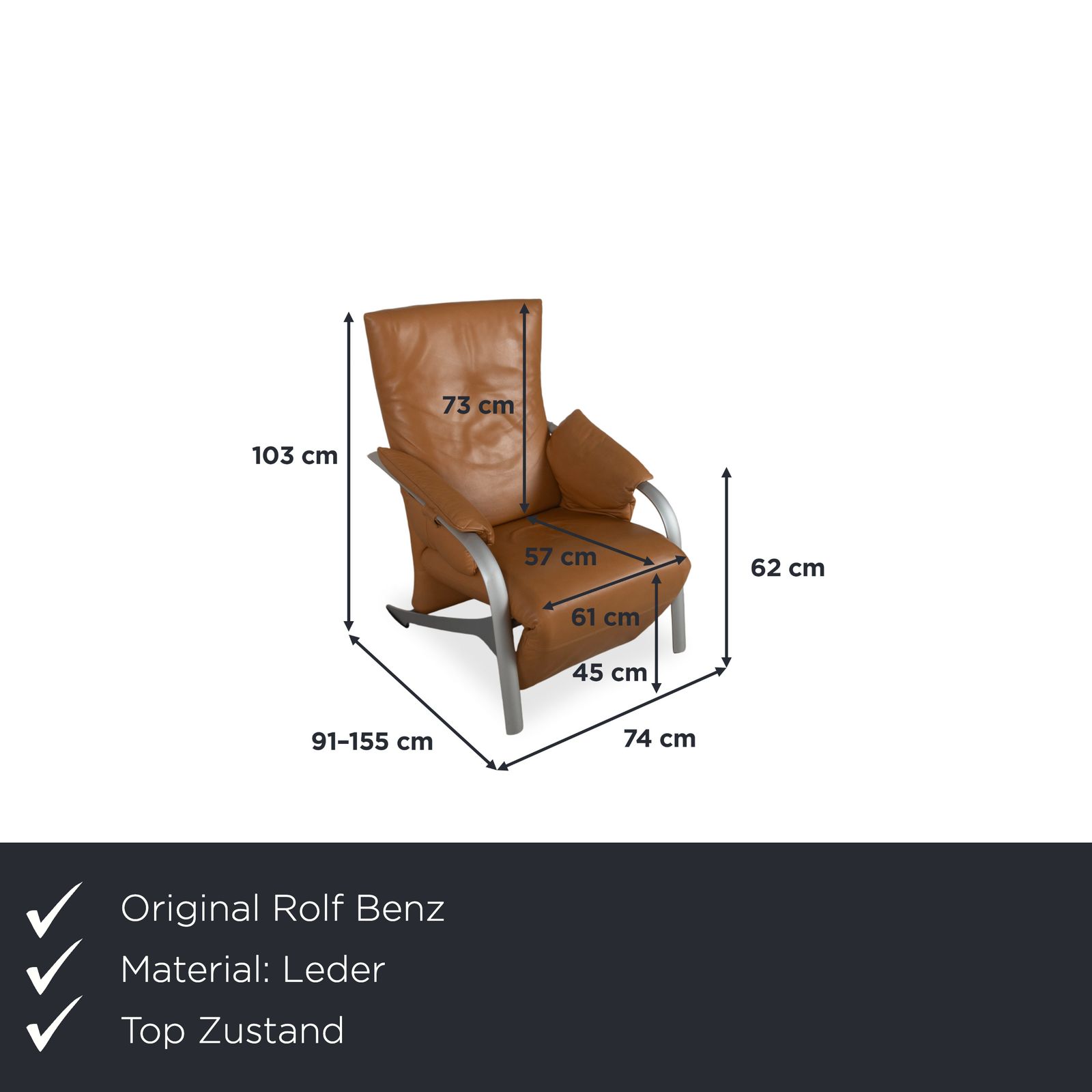Fauteuil Rolf Benz 5100 en cuir cognac, fonction manuelle, fonction inclinable photo furniture