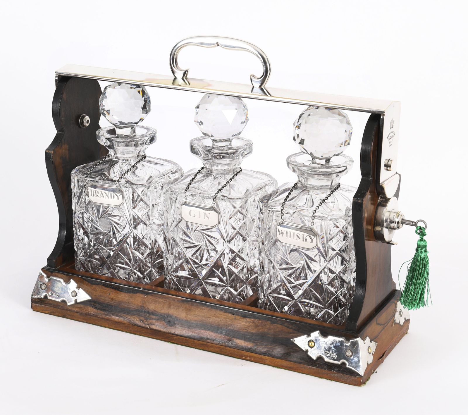 Antique Betjemann’s Coromandel 3 Crystal Decanter Tantalus Silver Hallmarks 1907 photo Home Decor