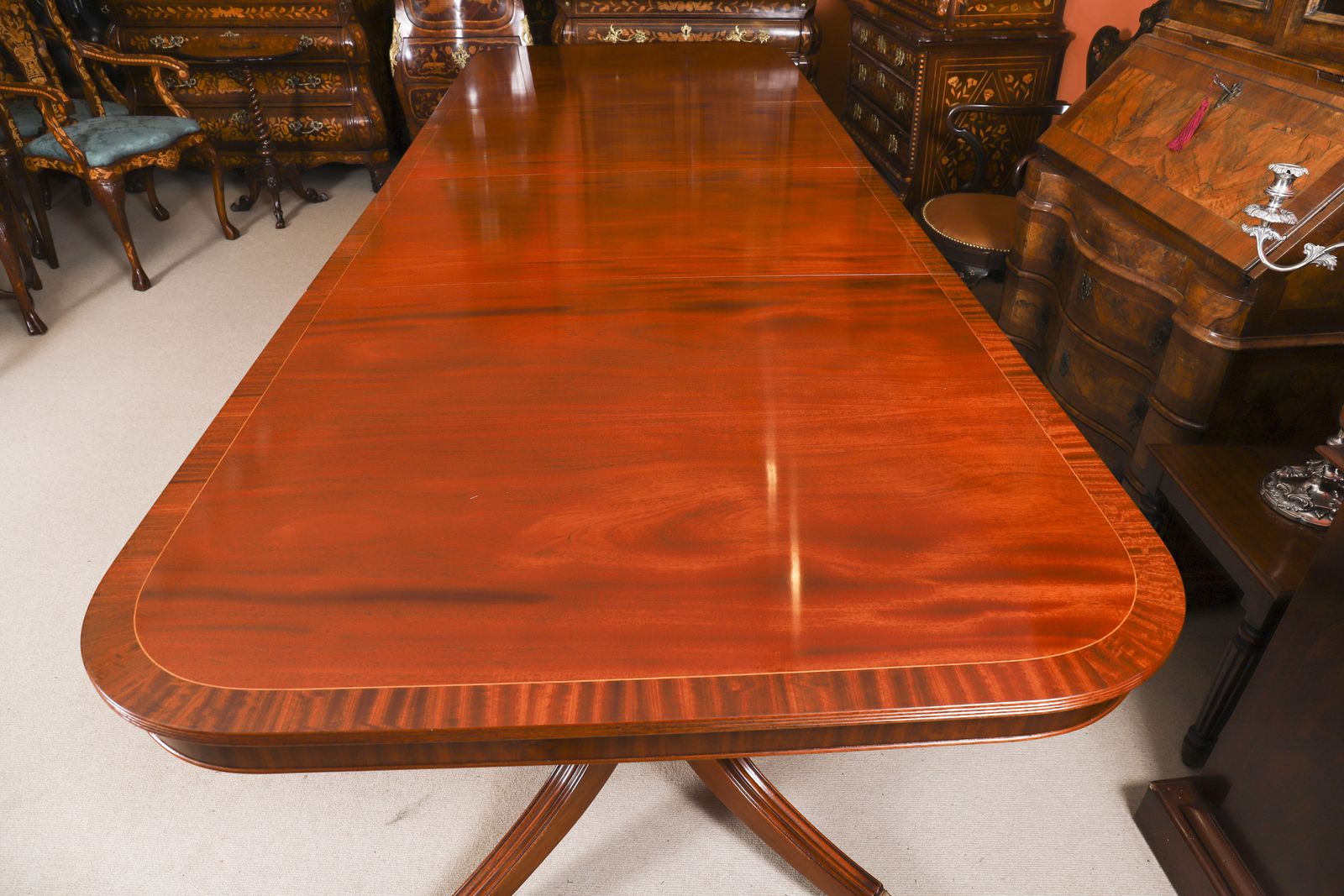 10ft3" Regency Revival Twin Pillar Flame Mahogany Dining Table 20th C photo vintage