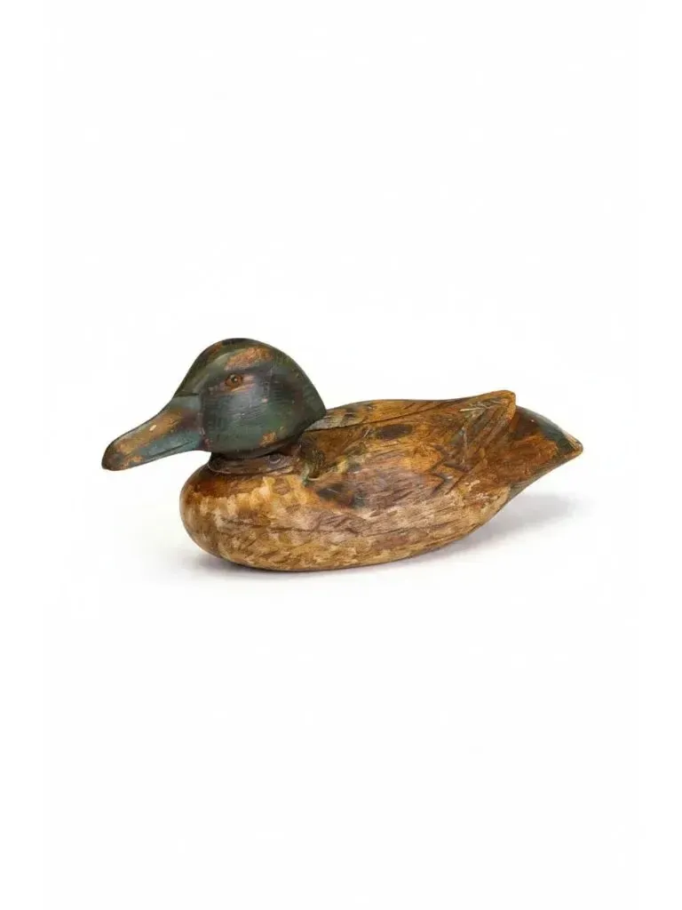 Vintage Hand Carved Wooden Decoy Duck – Folk Art Mallard With Original Paintwork.
