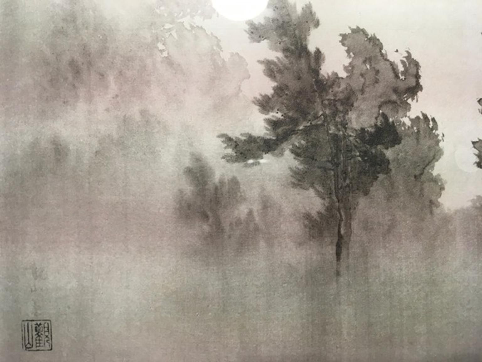 Japanse zwart-witdruk op papier van een antiek 18e-eeuws scherm photo for sale