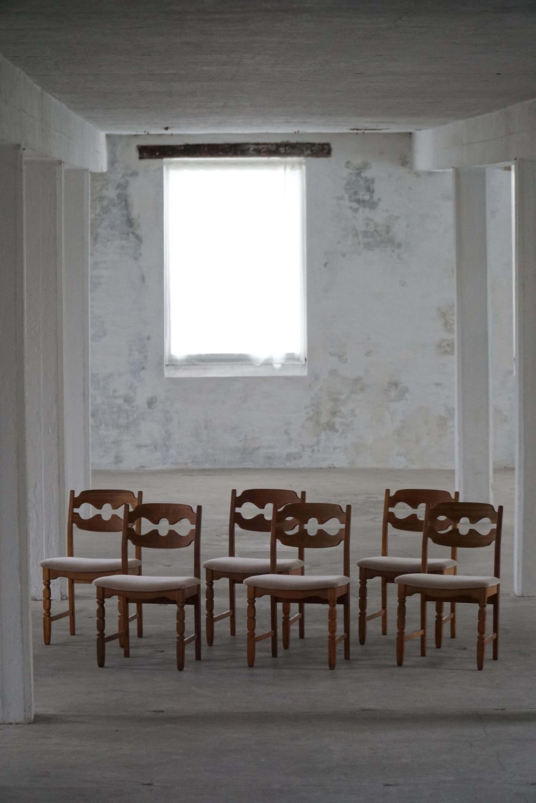 Set Of 6 Henning Kjærnulf “Razorblade” Dining Chairs In Oak & Mohair, 1960s photo vinterior