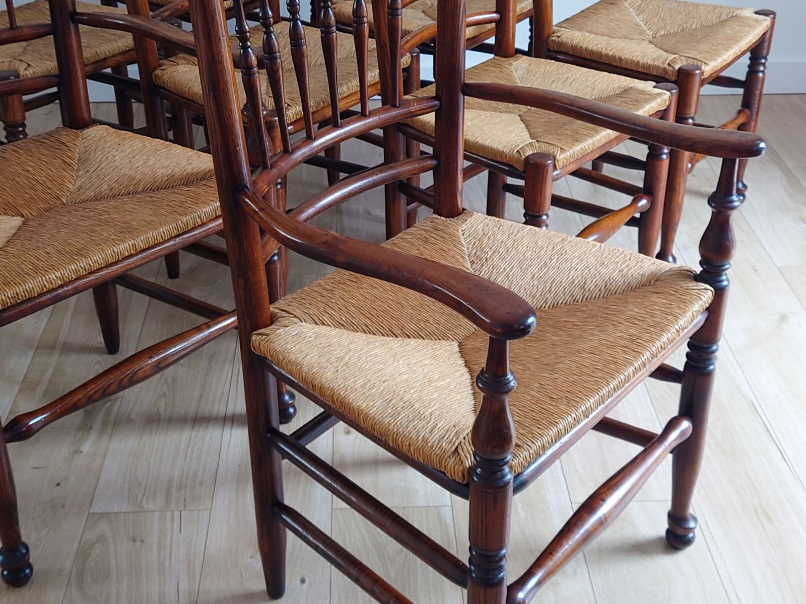 Vintage Set Of 8 English Country Farmhouse Spindle Back Chairs With Rush Seats photo furniture