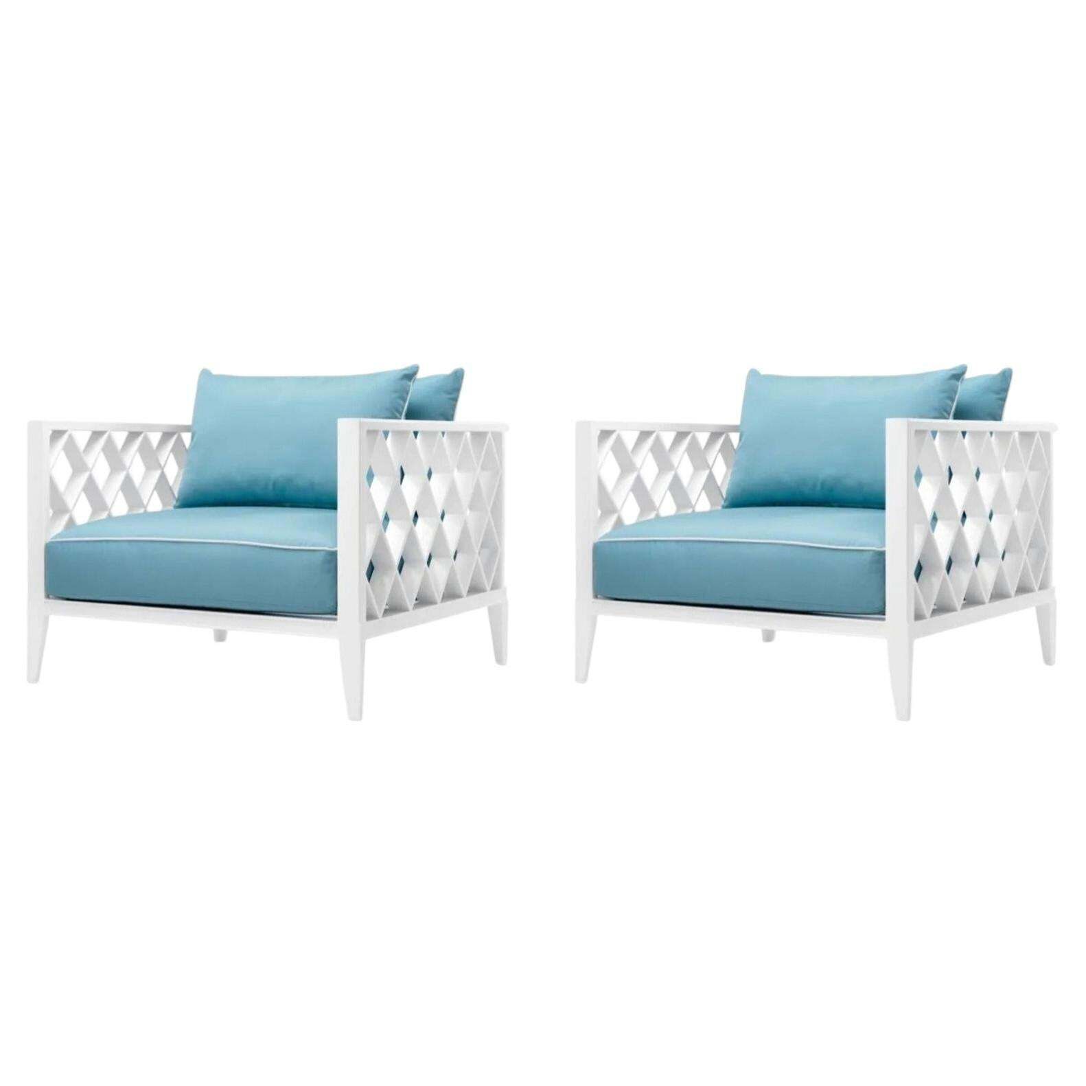Pair Of Contemporary Aluminum Outdoor Armchair Ocean Blue.
