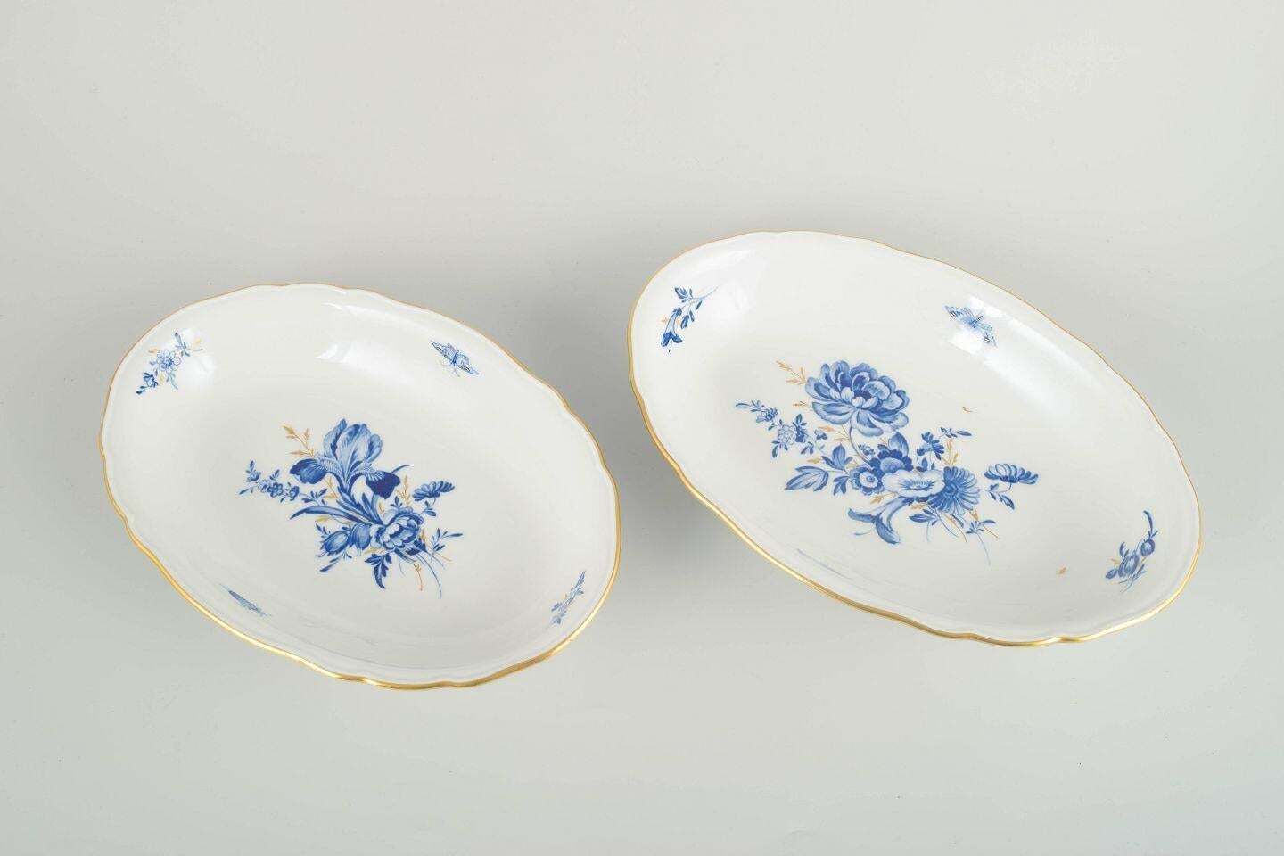 Meissen, Germany. Two Oval Serving Dishes In Porcelain With Blue Floral Motifs. photo furniture