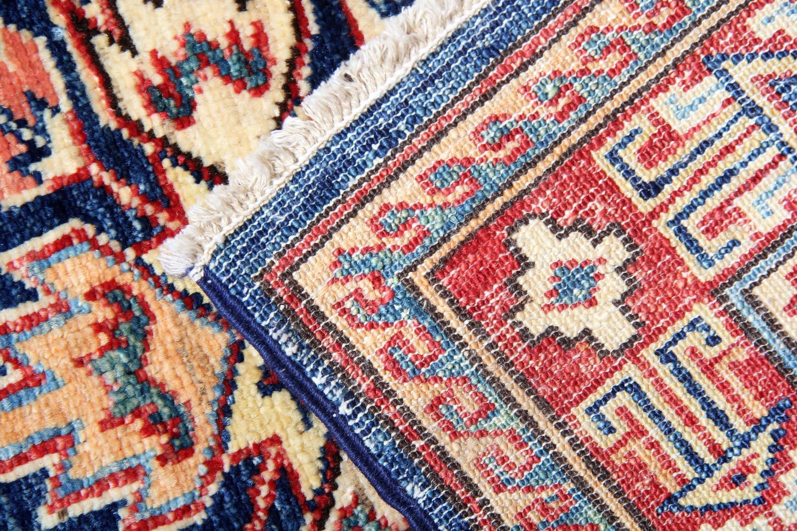 Blue Geometric Rug Oriental Carpet, Traditional Kazak Rustic Rug For Living Room photo furniture