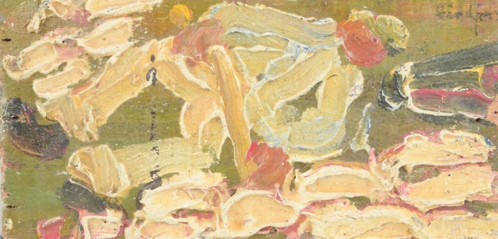 Expressieve abstracte compositie. Olie op board. Zweden, ca. jaren 1970.