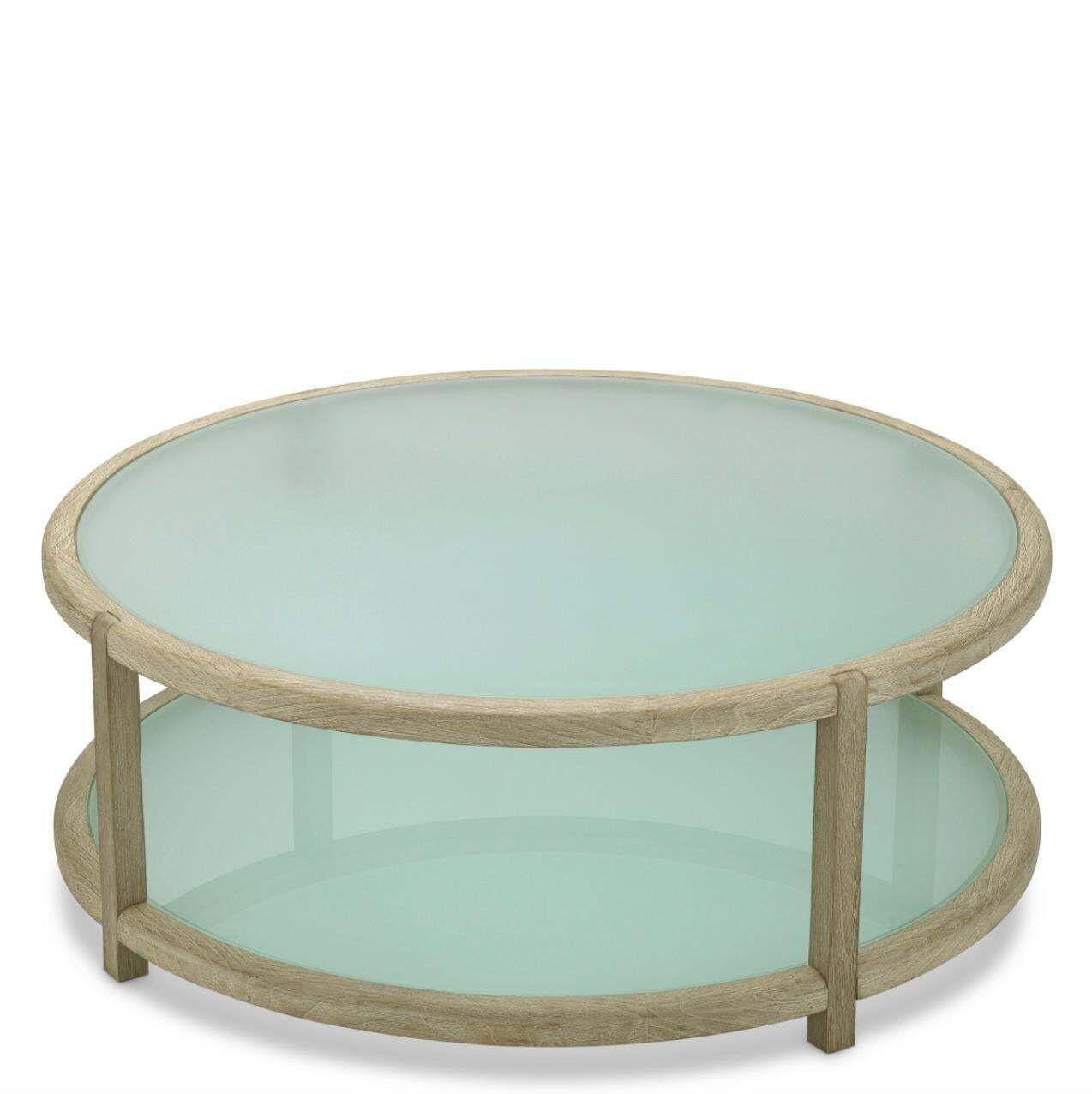 Round Outdoor Coffee Table In Aged Teak And Frosted Glass. photo Garden Furniture