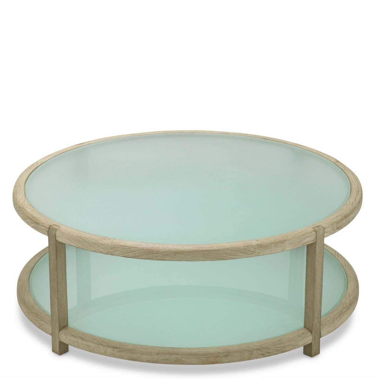 Round Outdoor Coffee Table In Aged Teak And Frosted Glass. photo 2410.0