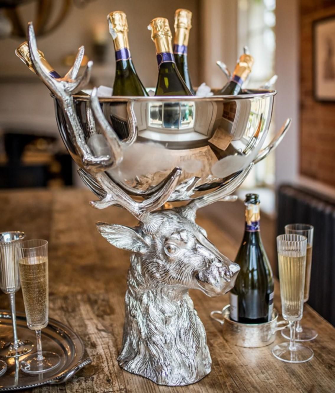 Stag Head Stainless Steel Wine Cooler, Champagne Bucket & Ice Bowl Centrepiece photo vinterior