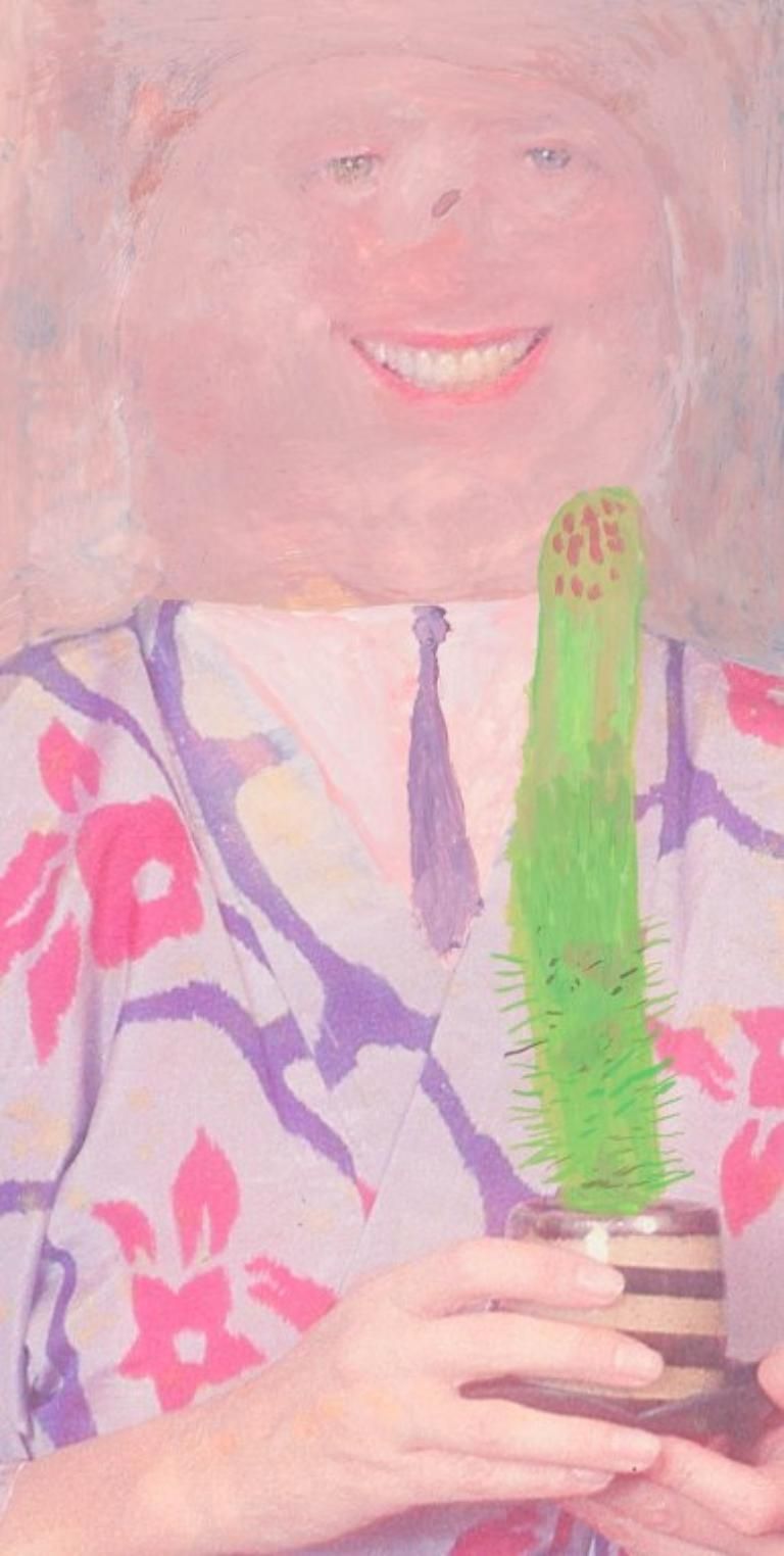 Humoristisch portret van een glimlachende figuur. Mixed media op papier. Ca. jaren 1980.