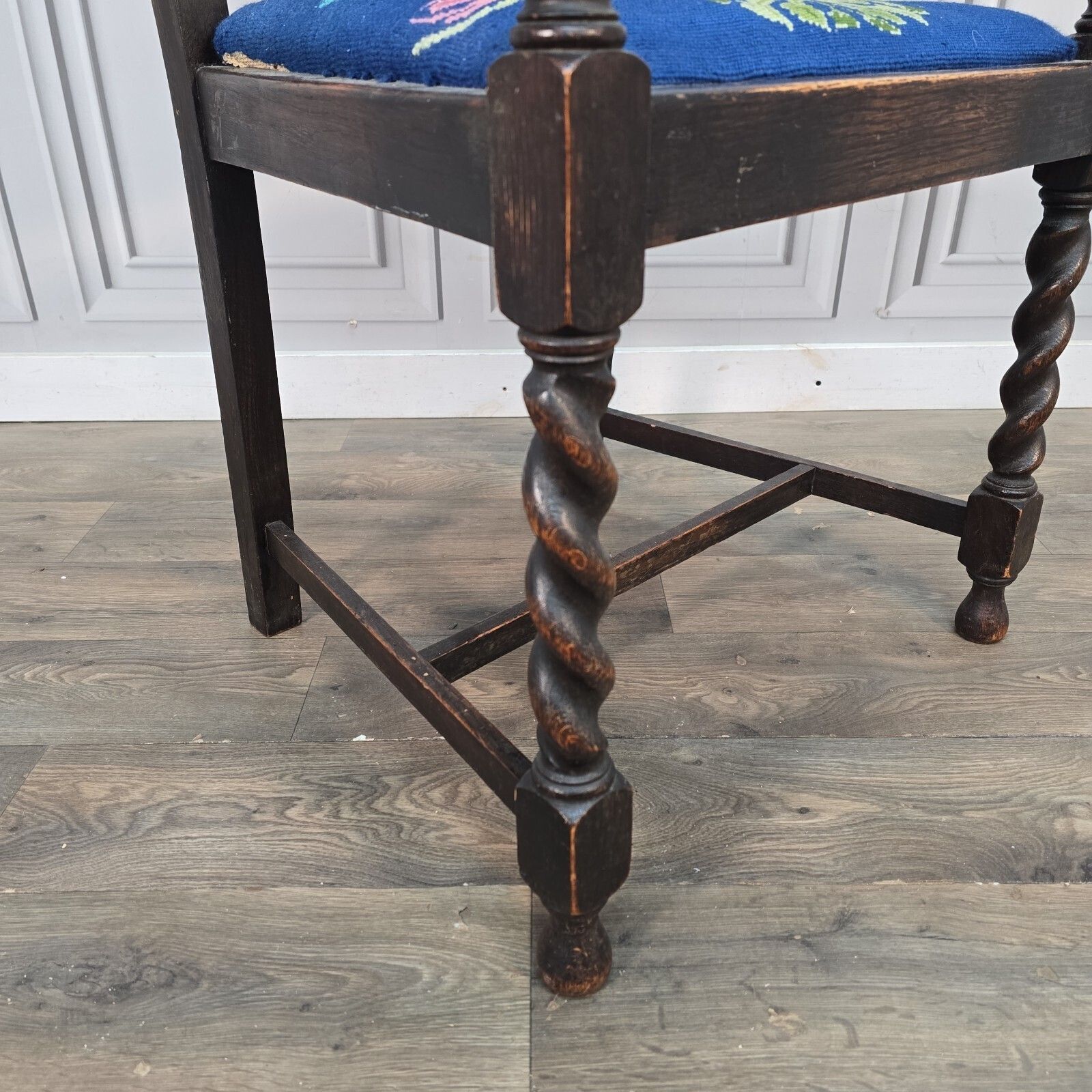 Antique Oak Wooden Armchair   Barley Twist Tapestry Upholstered Hall Chair Seat photo for sale